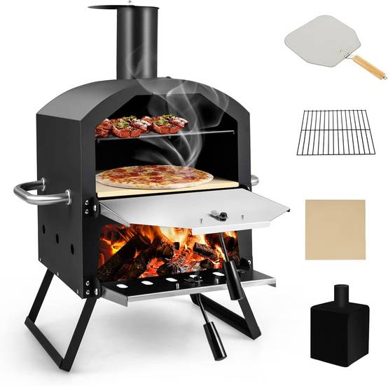 Four à Pizza Extérieur à 2 Couches Étagère du Milieu Amovible Four à Pizza Portable en Acier avec Pierre à Pizza,Grille, Pelle - Image 1