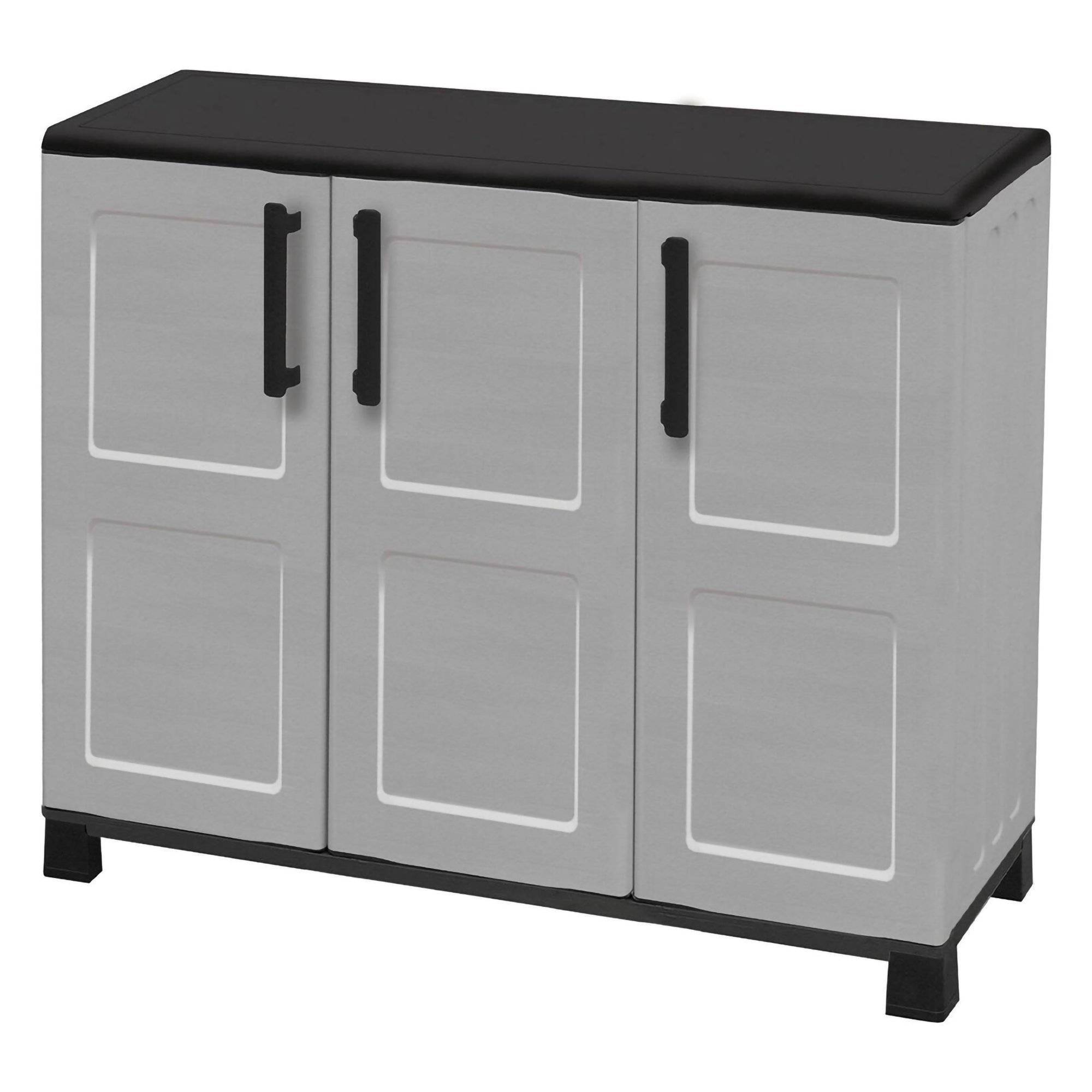 Dmora - Armoire d'extérieur Pelt, Armoire de balcon polyvalente, Armoire d'extérieur 3 portes, 102x37h90 cm, Gris clair et noir, Finition à carreaux - Dmora - Imagen 4