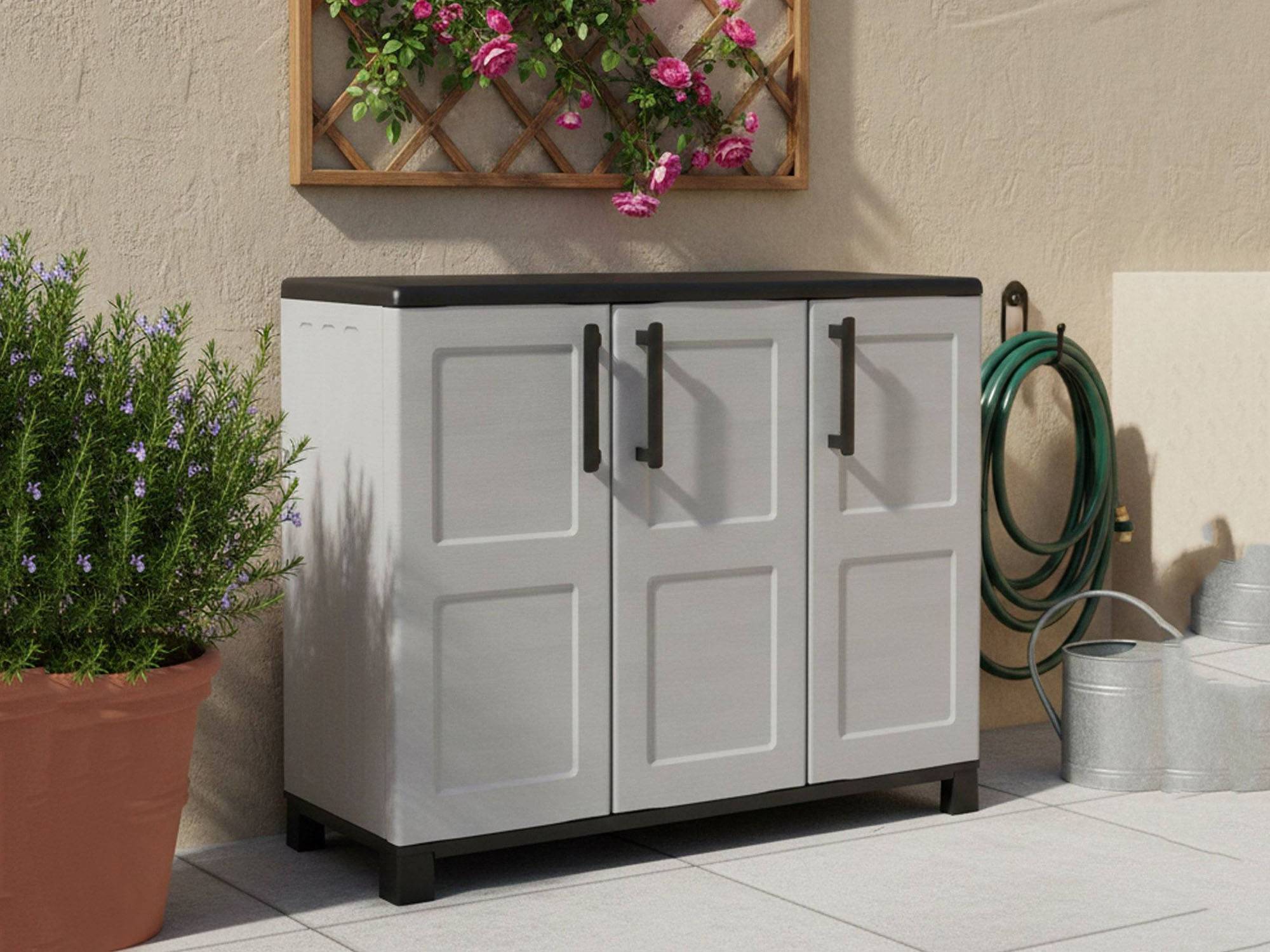 Dmora - Armoire d'extérieur Pelt, Armoire de balcon polyvalente, Armoire d'extérieur 3 portes, 102x37h90 cm, Gris clair et noir, Finition à carreaux - Dmora - Imagen 5