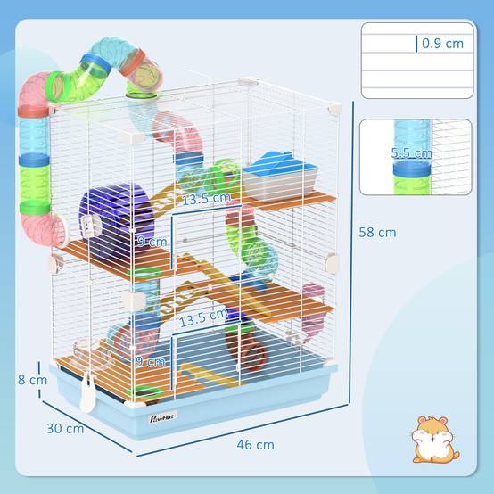 Cage hamster 5 niveaux en métal pour rongeurs avec tubes et accessoires 46x30x58cm bleu - ComfortXL Outdoor Living - Image 5