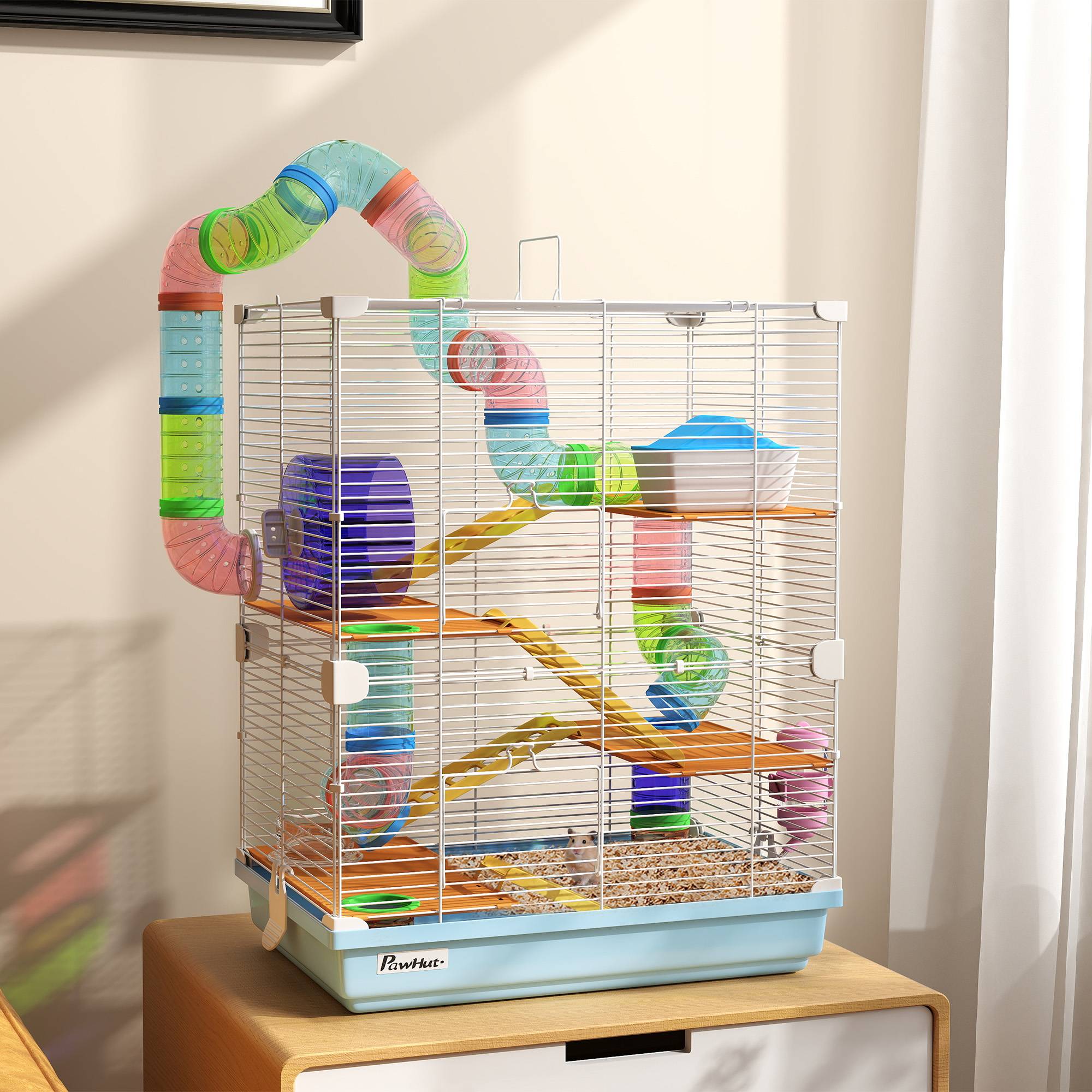 Cage hamster 5 niveaux en métal pour rongeurs avec tubes et accessoires 46x30x58cm bleu - ComfortXL Outdoor Living - Image 3