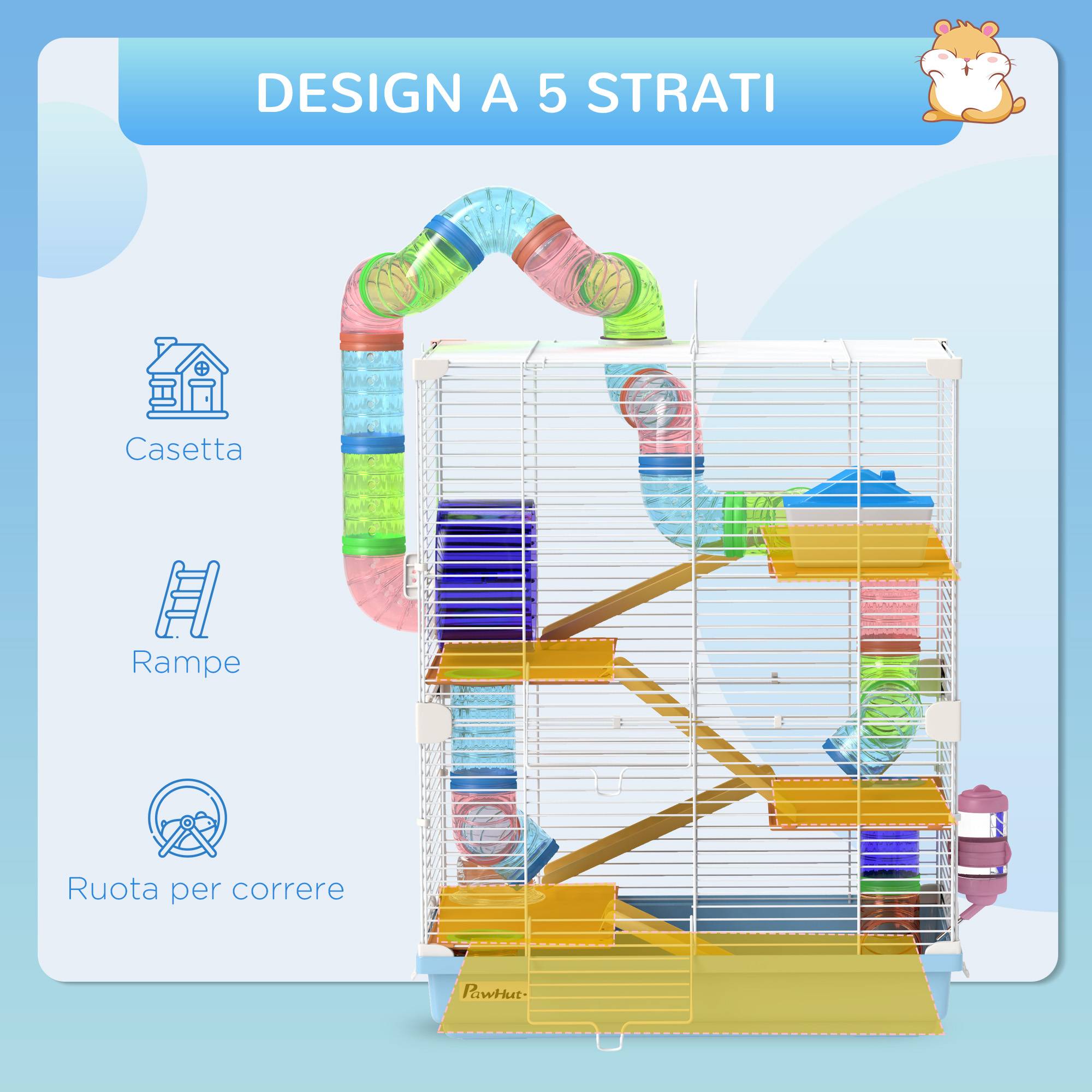Cage hamster 5 niveaux en métal pour rongeurs avec tubes et accessoires 46x30x58cm bleu - ComfortXL Outdoor Living - Image 8