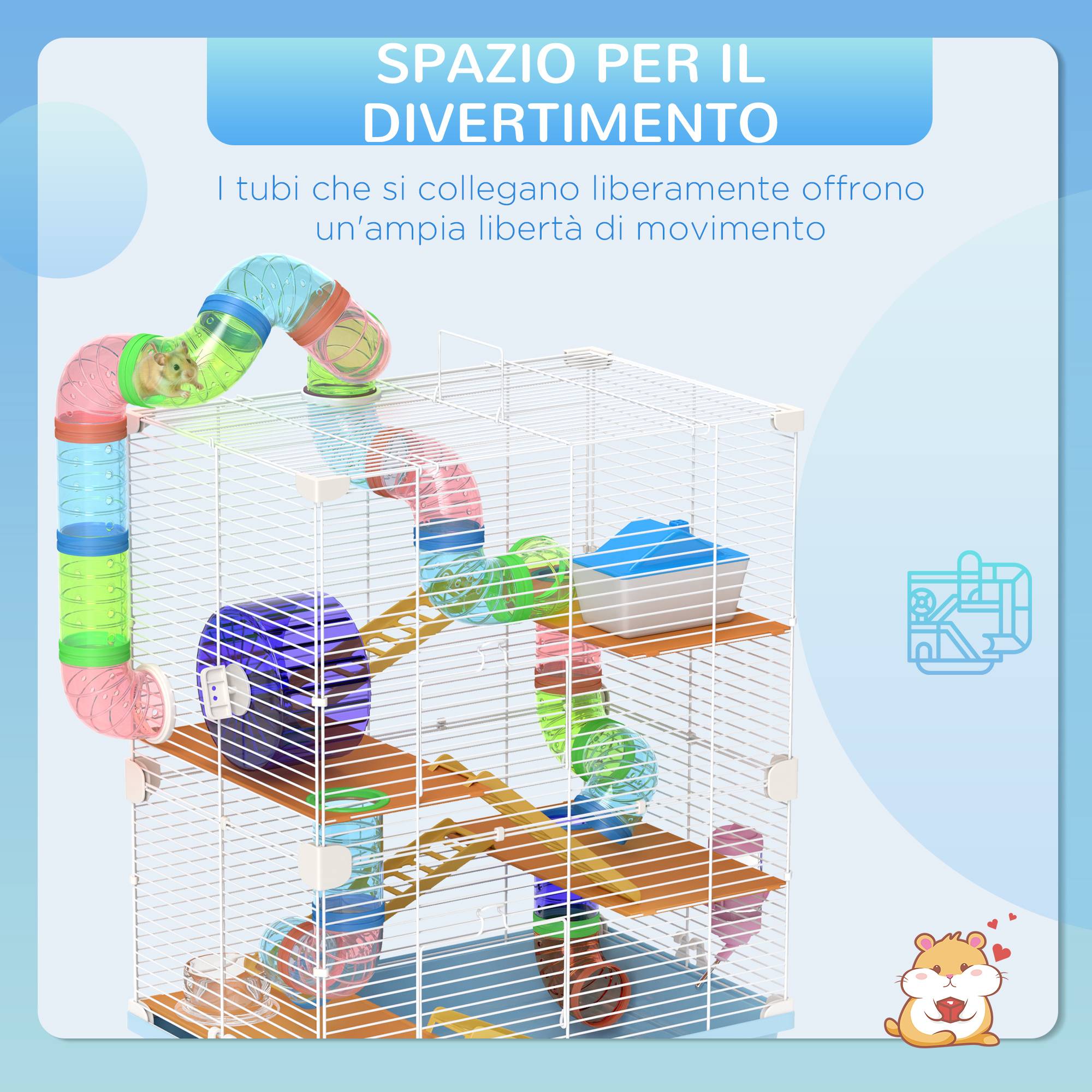 Cage hamster 5 niveaux en métal pour rongeurs avec tubes et accessoires 46x30x58cm bleu - ComfortXL Outdoor Living - Image 6