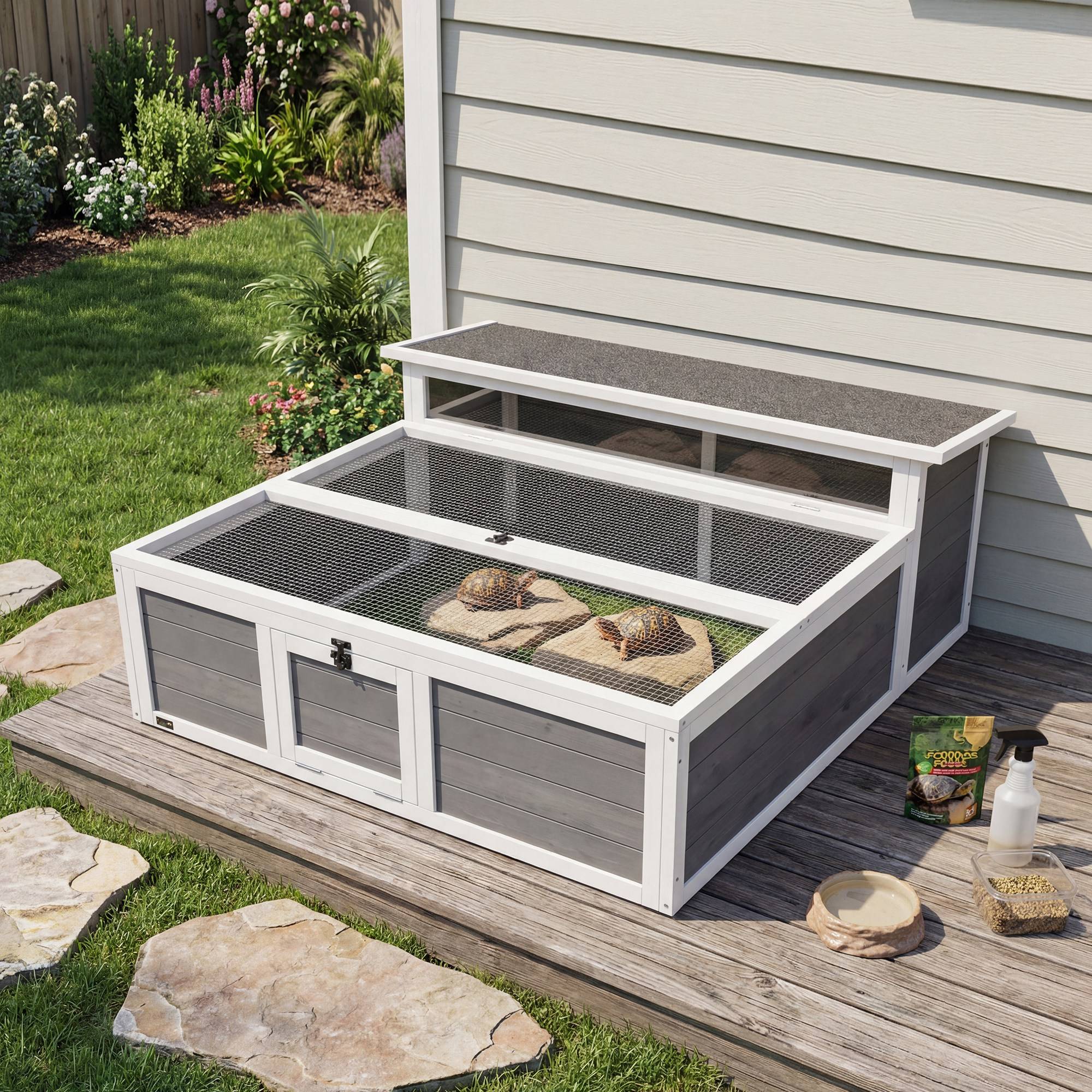 Maison tortue bois 113×106,5×44,5cm gris foncé, espace libre, logement principal, fenêtre visuelle, dessus rabattable, 2 portes - Image 4
