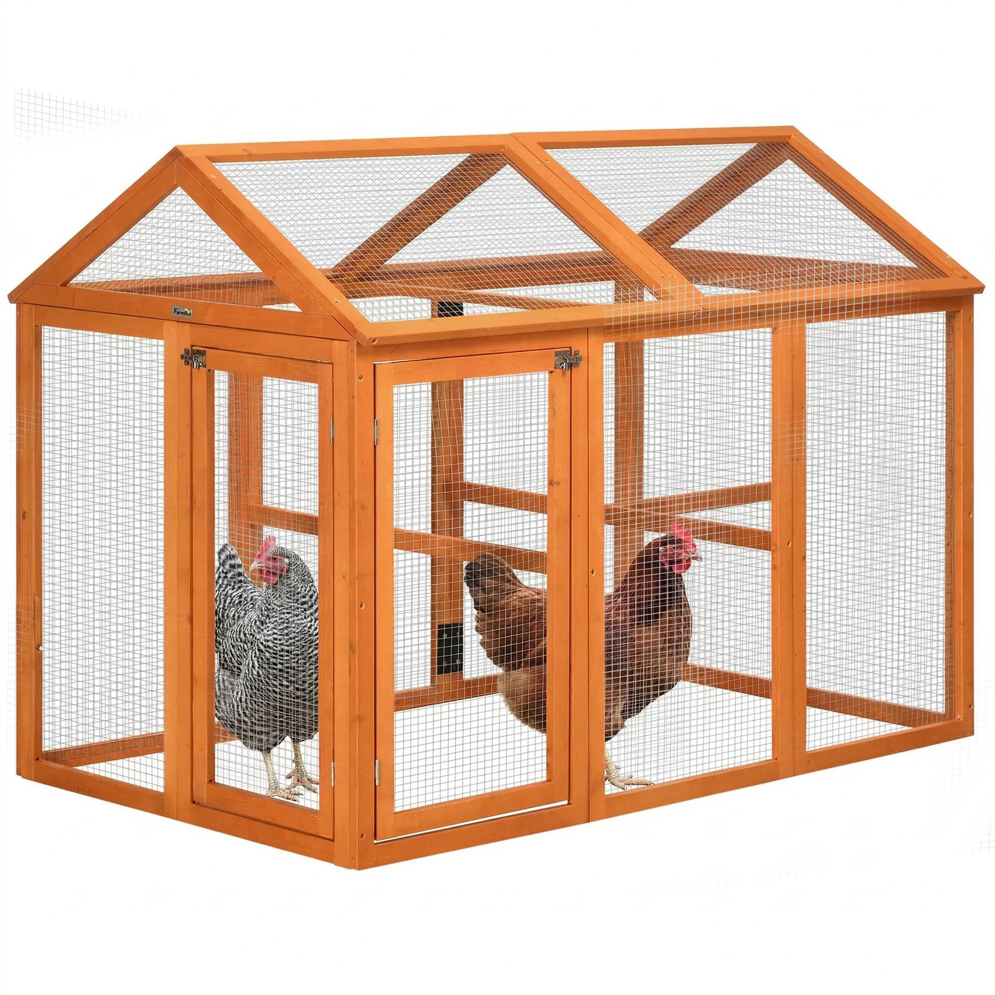 Cage pour poules en bois avec portes multiples et grillage métallique, 140x88,5x106 cm, orange - Image 1