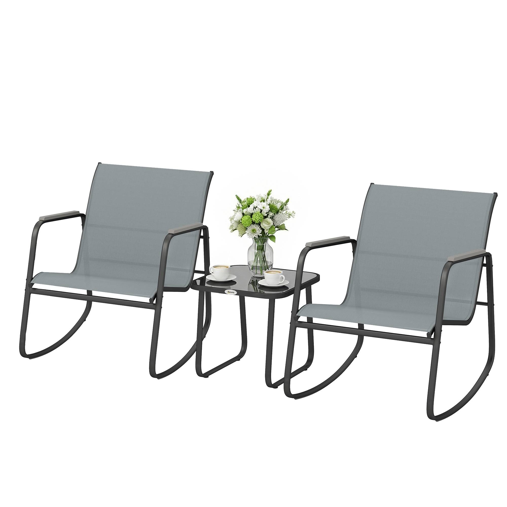 Ensemble de jardin 3 pièces acier et textilène avec chaises à bascule gris - ComfortXL Outdoor Living - Image 2