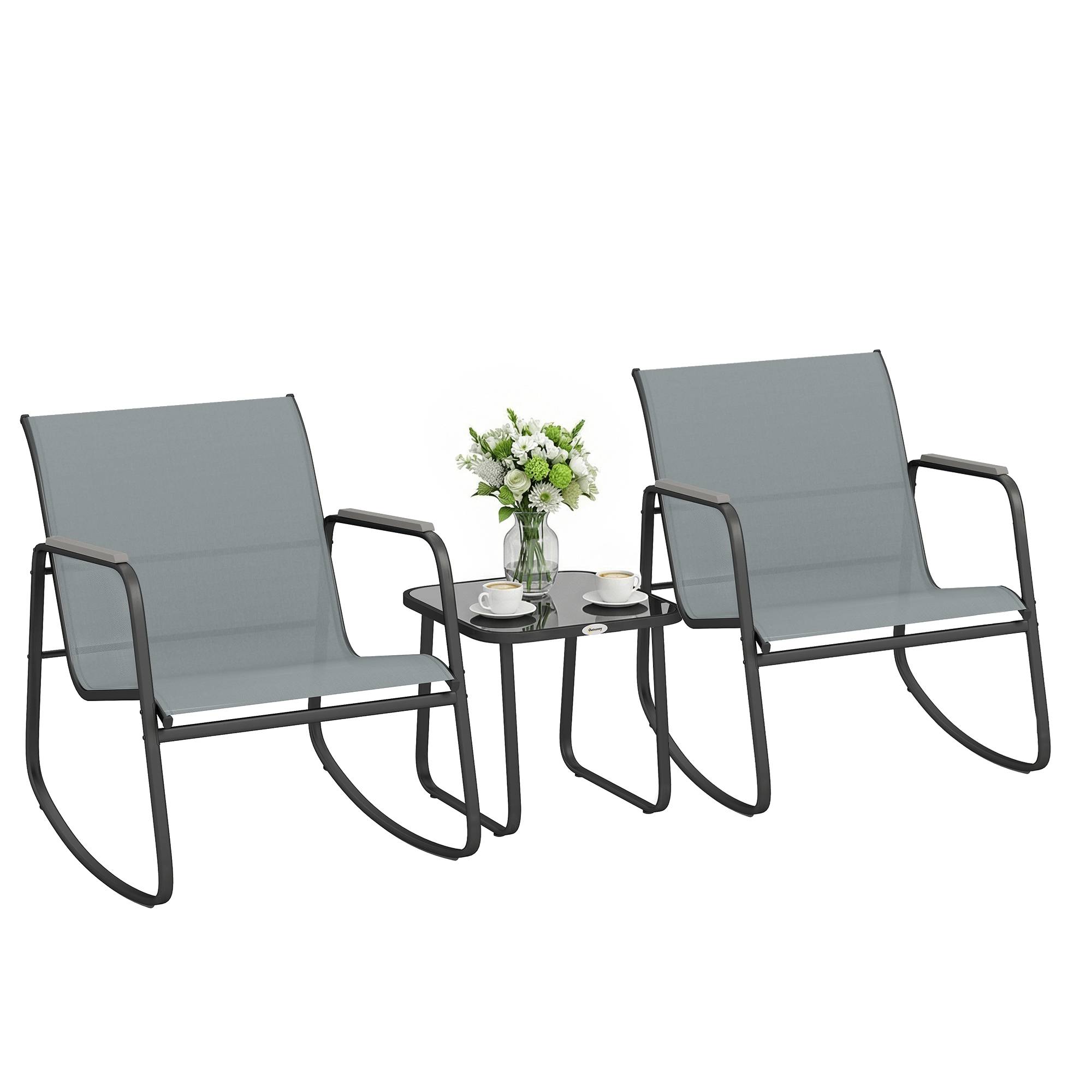 Ensemble de jardin 3 pièces acier et textilène avec chaises à bascule gris - ComfortXL Outdoor Living - Image 1