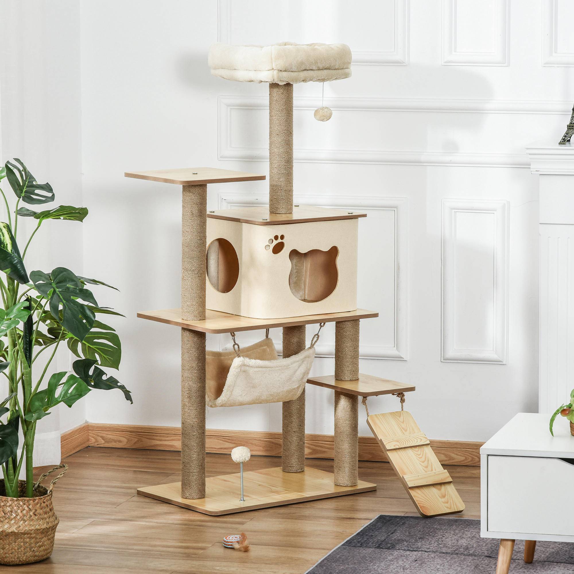 Arbre à chat bois Jute naturel Pour grands chats Griffoir avec niche 130cm Jaune - ComfortXL Outdoor Living - Image 9