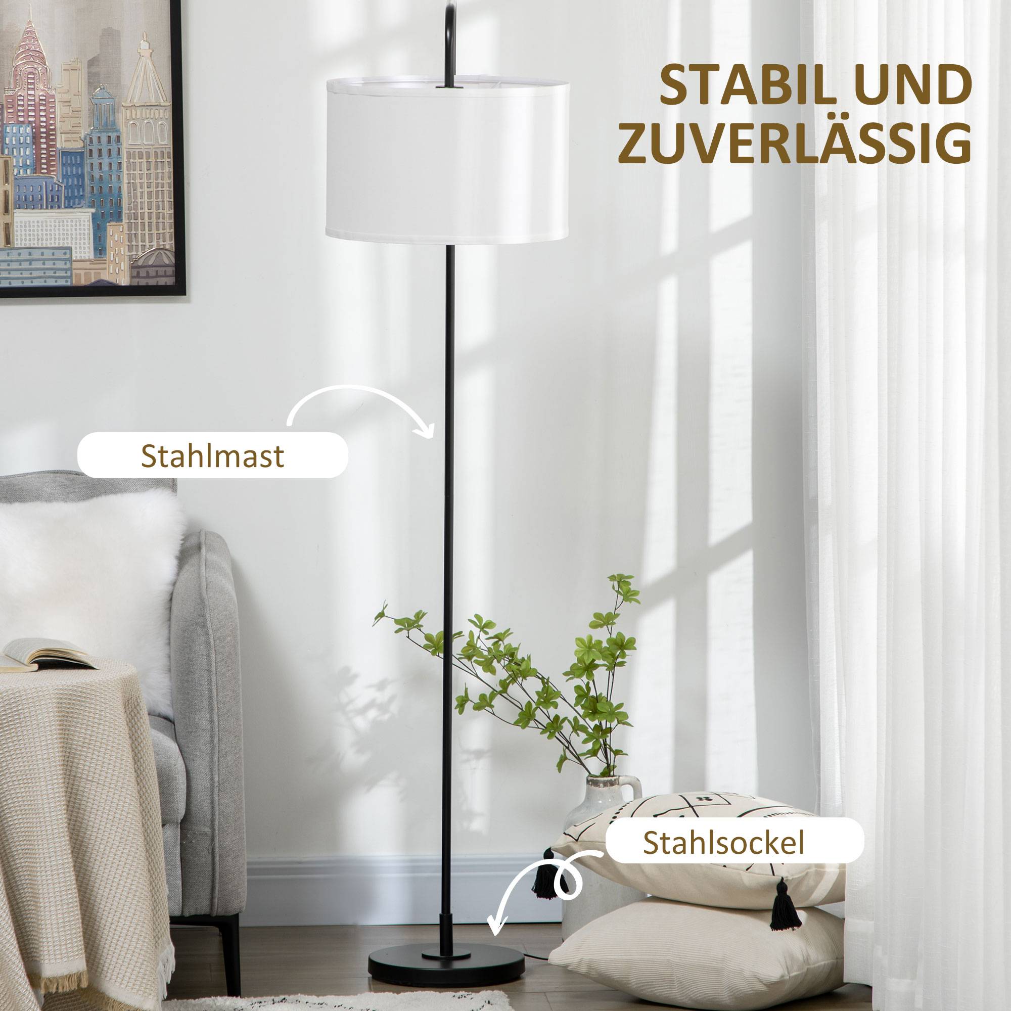 Lampadaire avec interrupteur au pied, lampadaire avec abat-jour en tissu, acier, blanc - Image 9