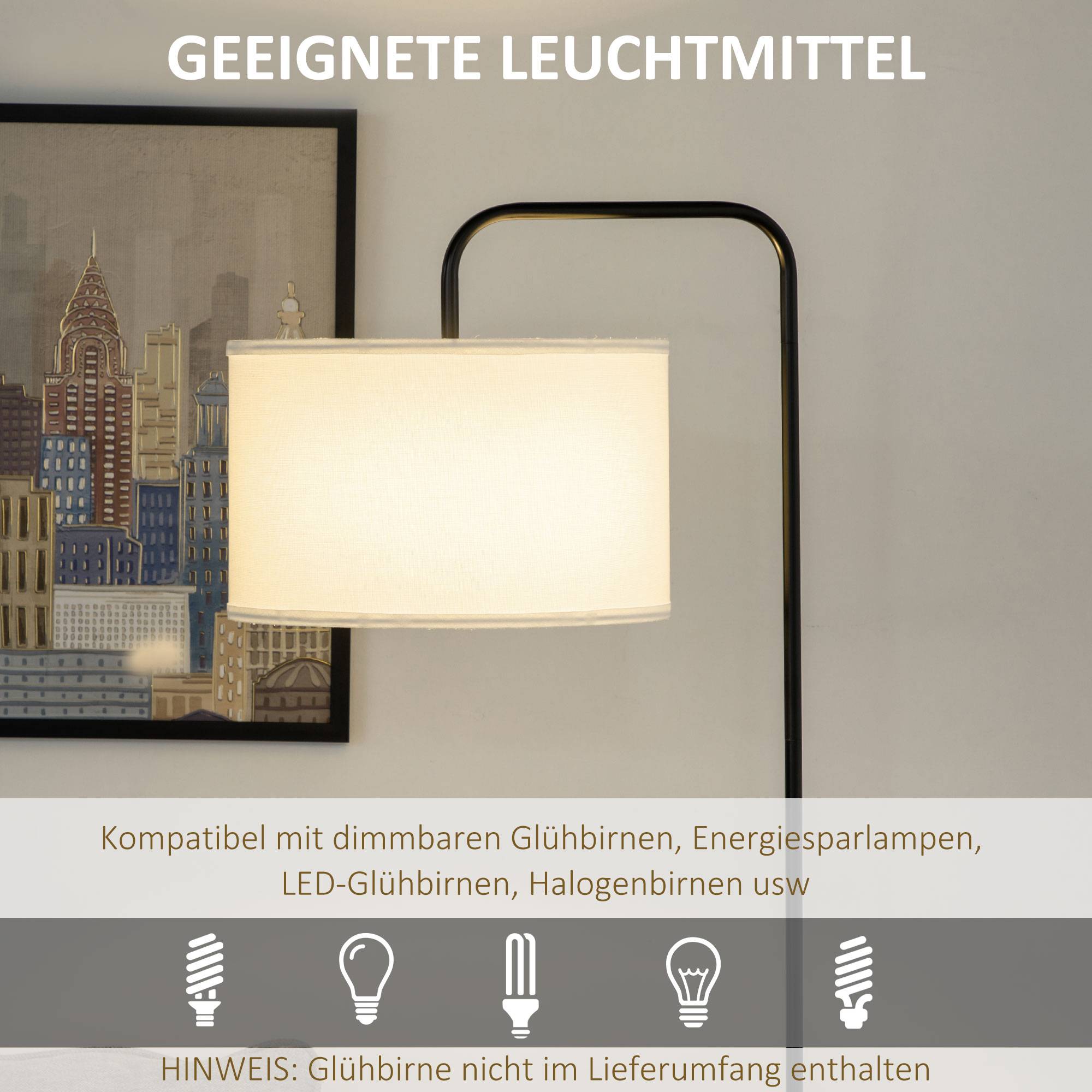 Lampadaire avec interrupteur au pied, lampadaire avec abat-jour en tissu, acier, blanc - Image 8