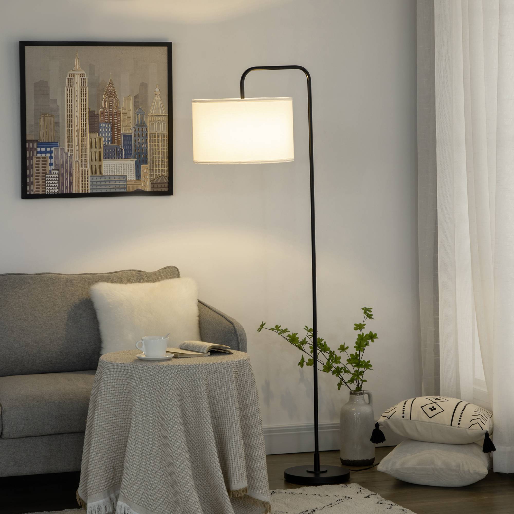Lampadaire avec interrupteur au pied, lampadaire avec abat-jour en tissu, acier, blanc - Image 4