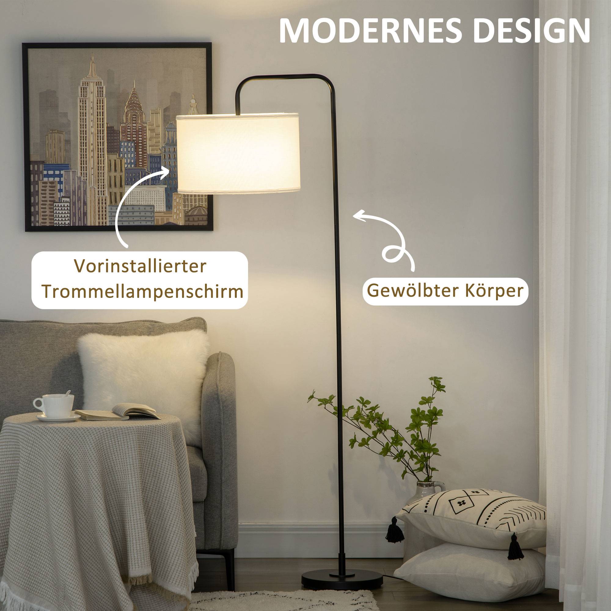 Lampadaire avec interrupteur au pied, lampadaire avec abat-jour en tissu, acier, blanc - Image 6