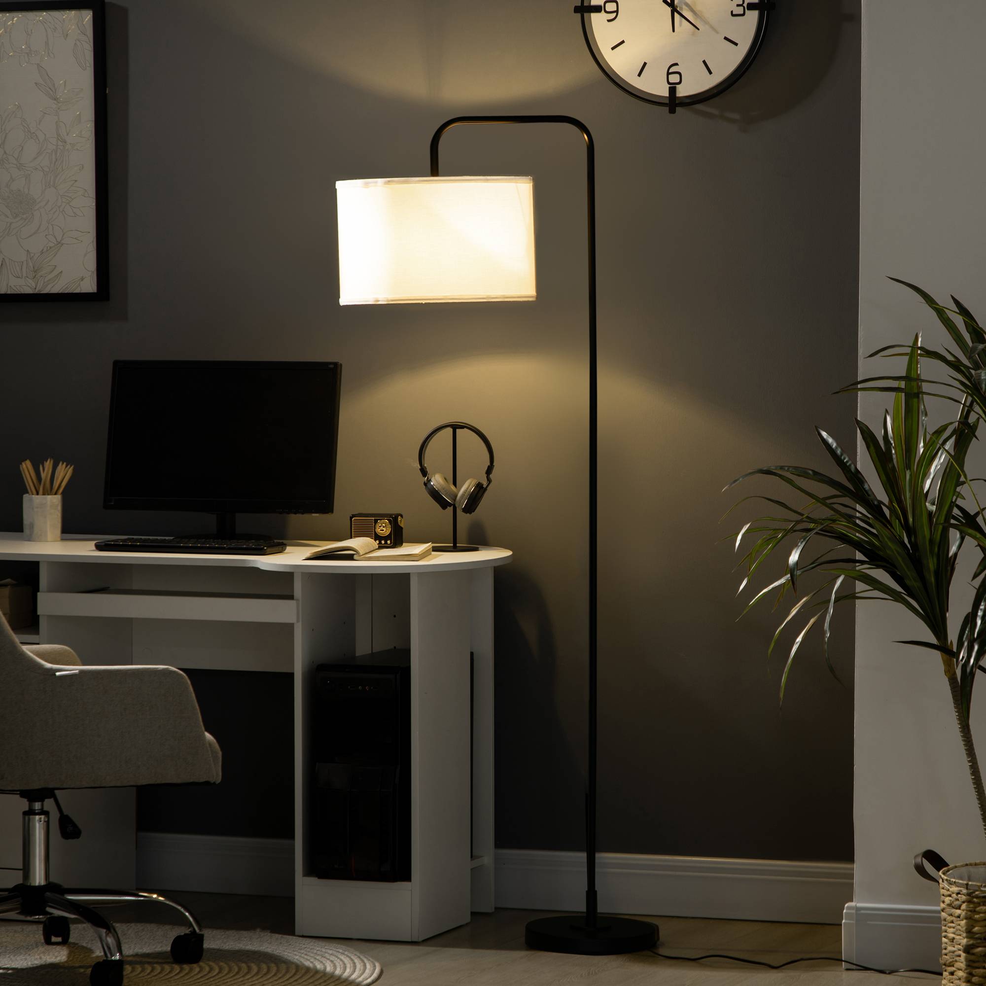 Lampadaire avec interrupteur au pied, lampadaire avec abat-jour en tissu, acier, blanc - Image 3