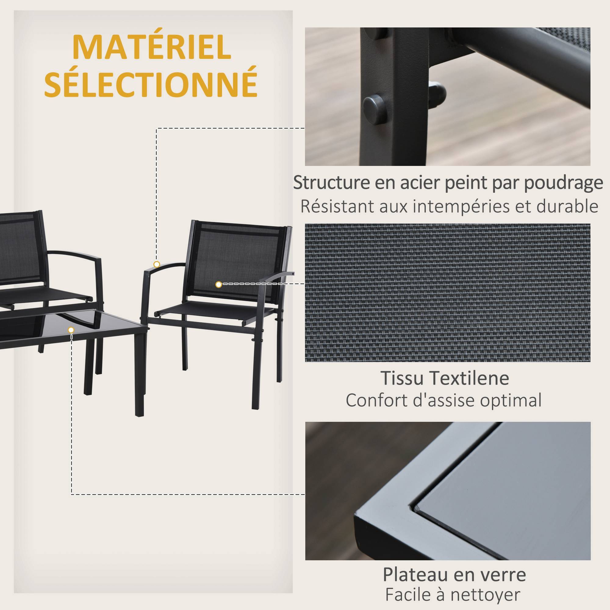 Outsunny - Salon de jardin extérieur 4 pièces avec canapé 2 places, 2 chaises, table basse en verre trempé, coussins inclus - noir - Outsunny - Image 8