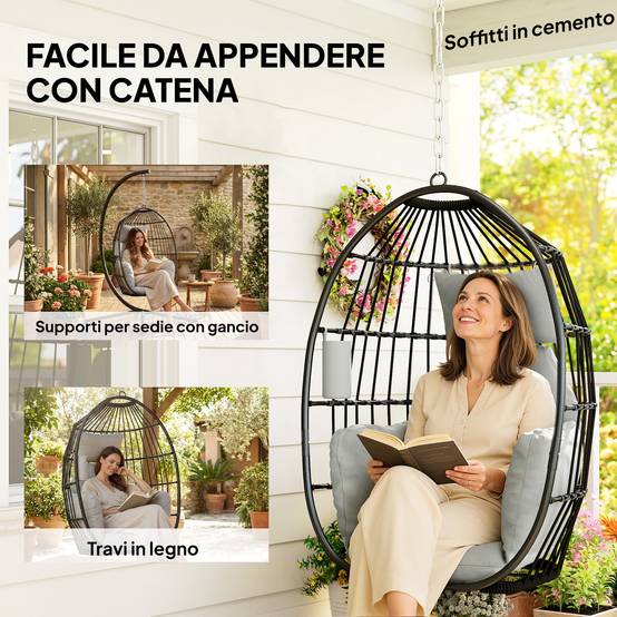 Fauteuil suspendu œuf avec coussin et appui-tête, acier et polyester, 75x62x107cm, gris - Image 10
