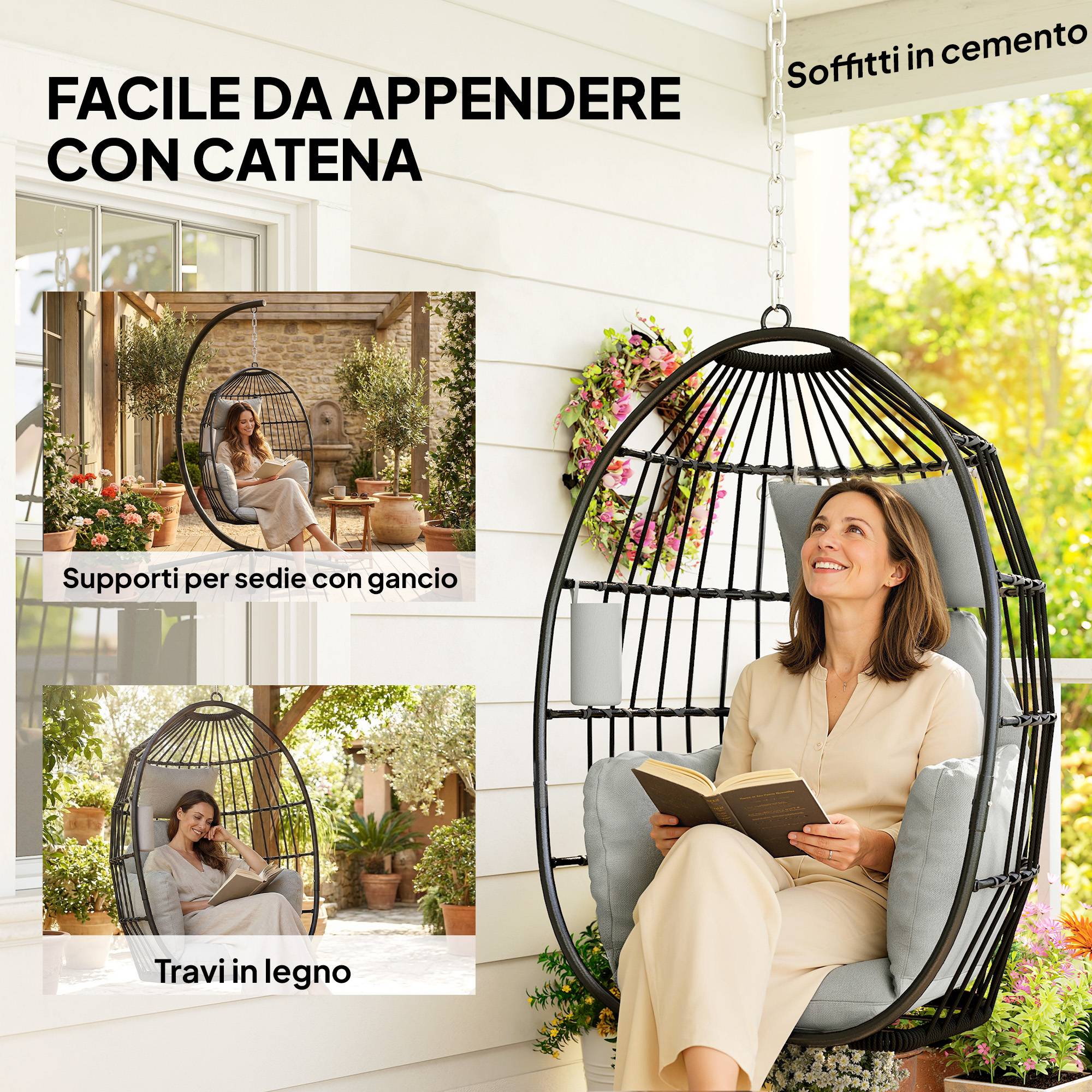 Fauteuil suspendu œuf avec coussin et appui-tête, acier et polyester, 75x62x107cm, gris - Image 10