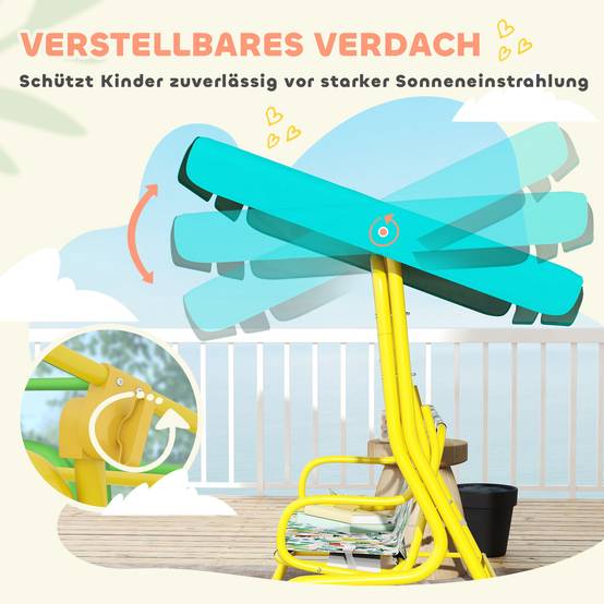 Balançoire hollywood enfant 2 places, auvent réglable ceinture sécurité 3-6 ans jusqu'à 60kg 112×75×120cm vert - Image 6