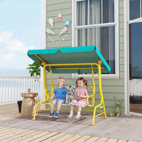 Balançoire hollywood enfant 2 places, auvent réglable ceinture sécurité 3-6 ans jusqu'à 60kg 112×75×120cm vert - Image 3