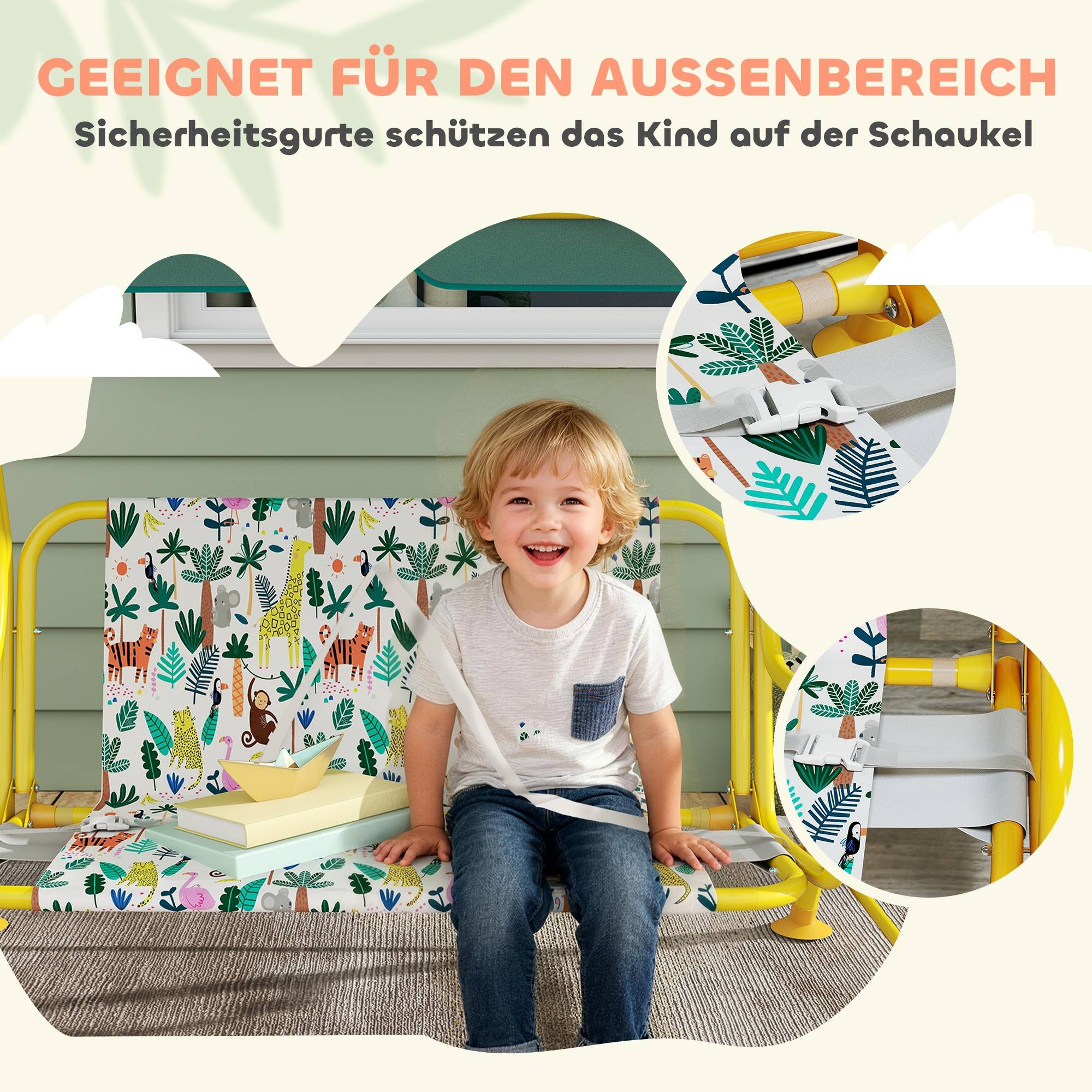 Balançoire hollywood enfant 2 places, auvent réglable ceinture sécurité 3-6 ans jusqu'à 60kg 112×75×120cm vert - Image 9