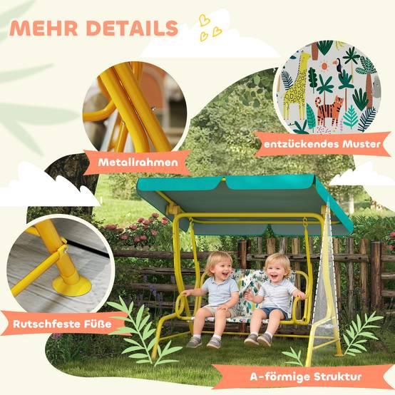 Balançoire hollywood enfant 2 places, auvent réglable ceinture sécurité 3-6 ans jusqu'à 60kg 112×75×120cm vert - Image 8