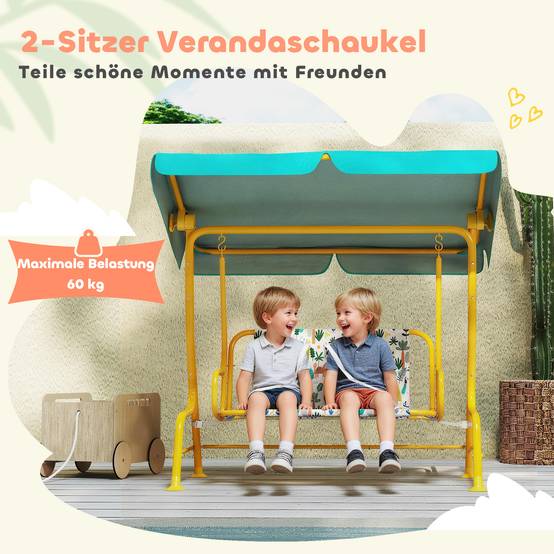 Balançoire hollywood enfant 2 places, auvent réglable ceinture sécurité 3-6 ans jusqu'à 60kg 112×75×120cm vert - Image 7