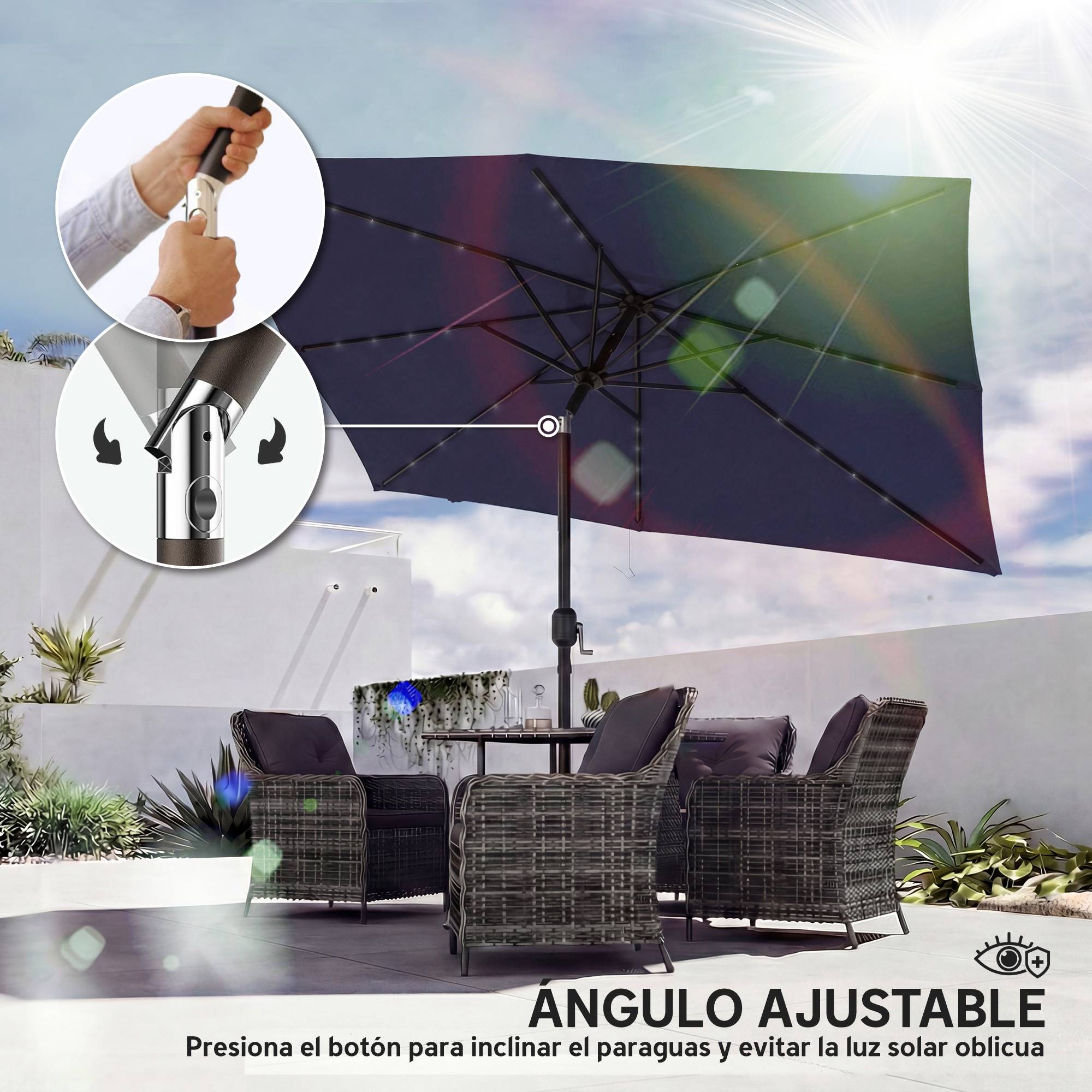 Parasol de jardin avec 24 lumières solaires LED, toile inclinable, mât en métal, 2,9 x 2,5 m, bleu foncé - Image 10
