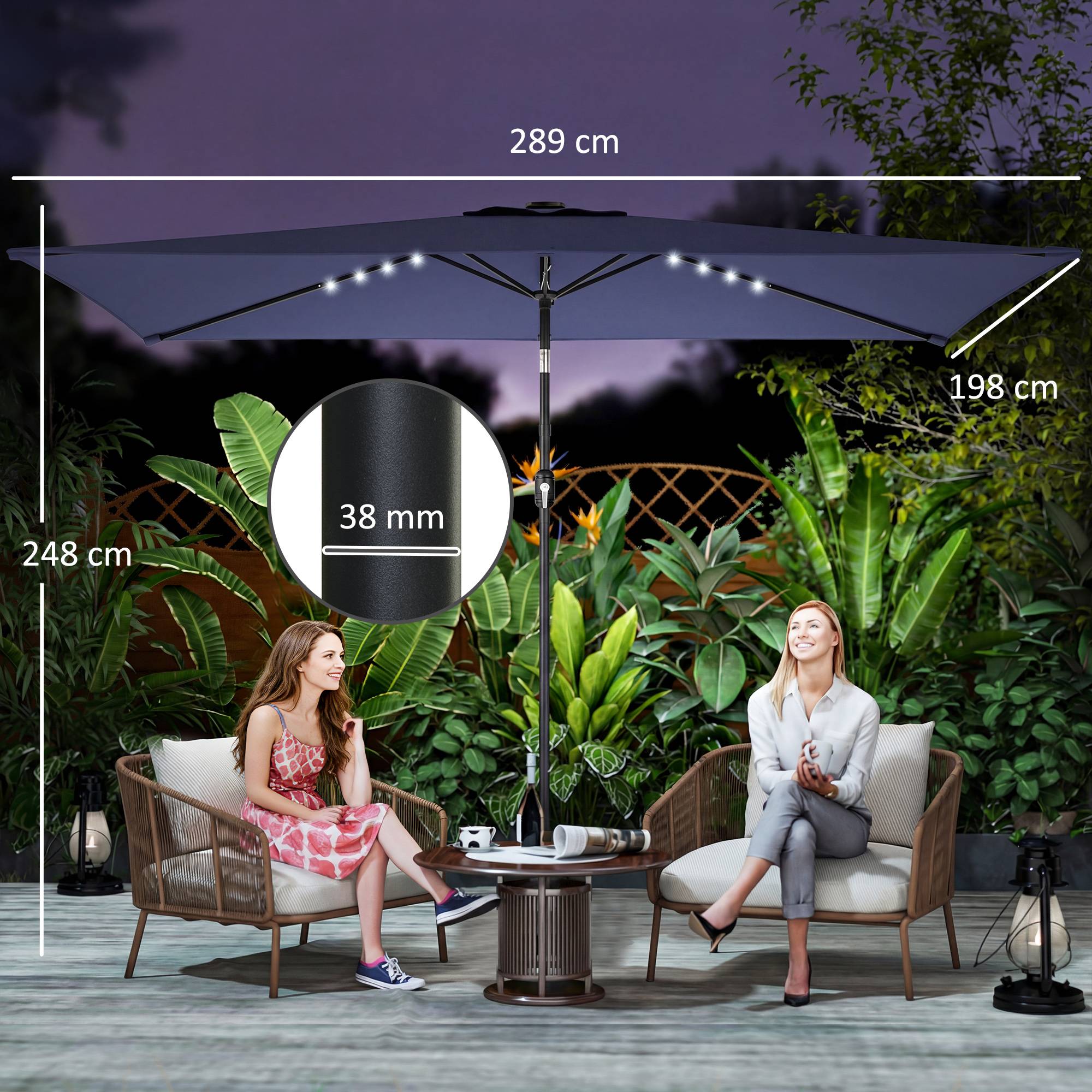 Parasol de jardin avec 24 lumières solaires LED, toile inclinable, mât en métal, 2,9 x 2,5 m, bleu foncé - Image 5