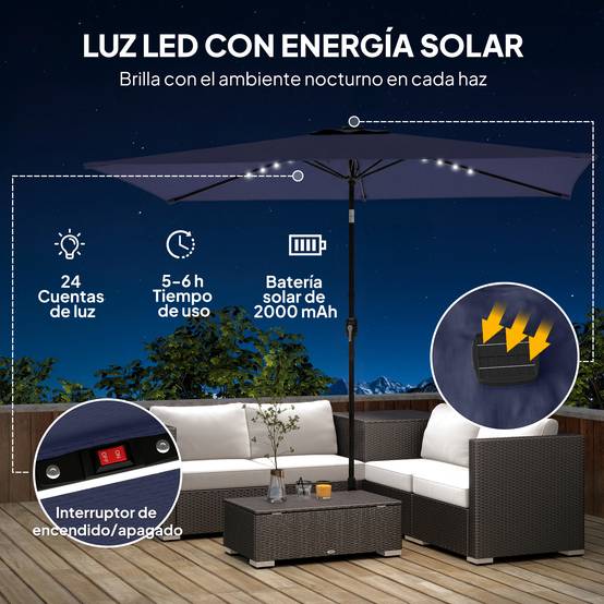 Parasol de jardin avec 24 lumières solaires LED, toile inclinable, mât en métal, 2,9 x 2,5 m, bleu foncé - Image 6