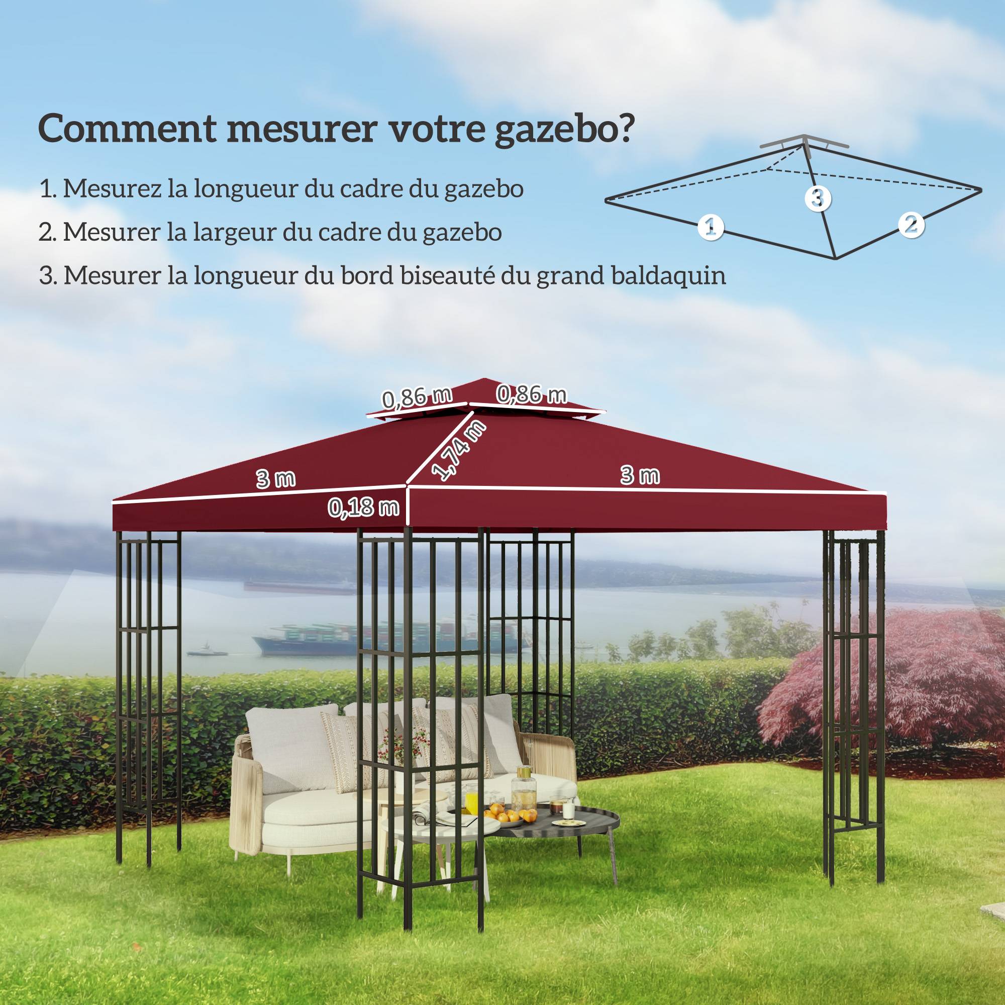 ComfortXL - Toile de rechange pour tonnelle polyester toit pavillon extérieur 3x3m rouge vineux - ComfortXL Outdoor Living - Image 5