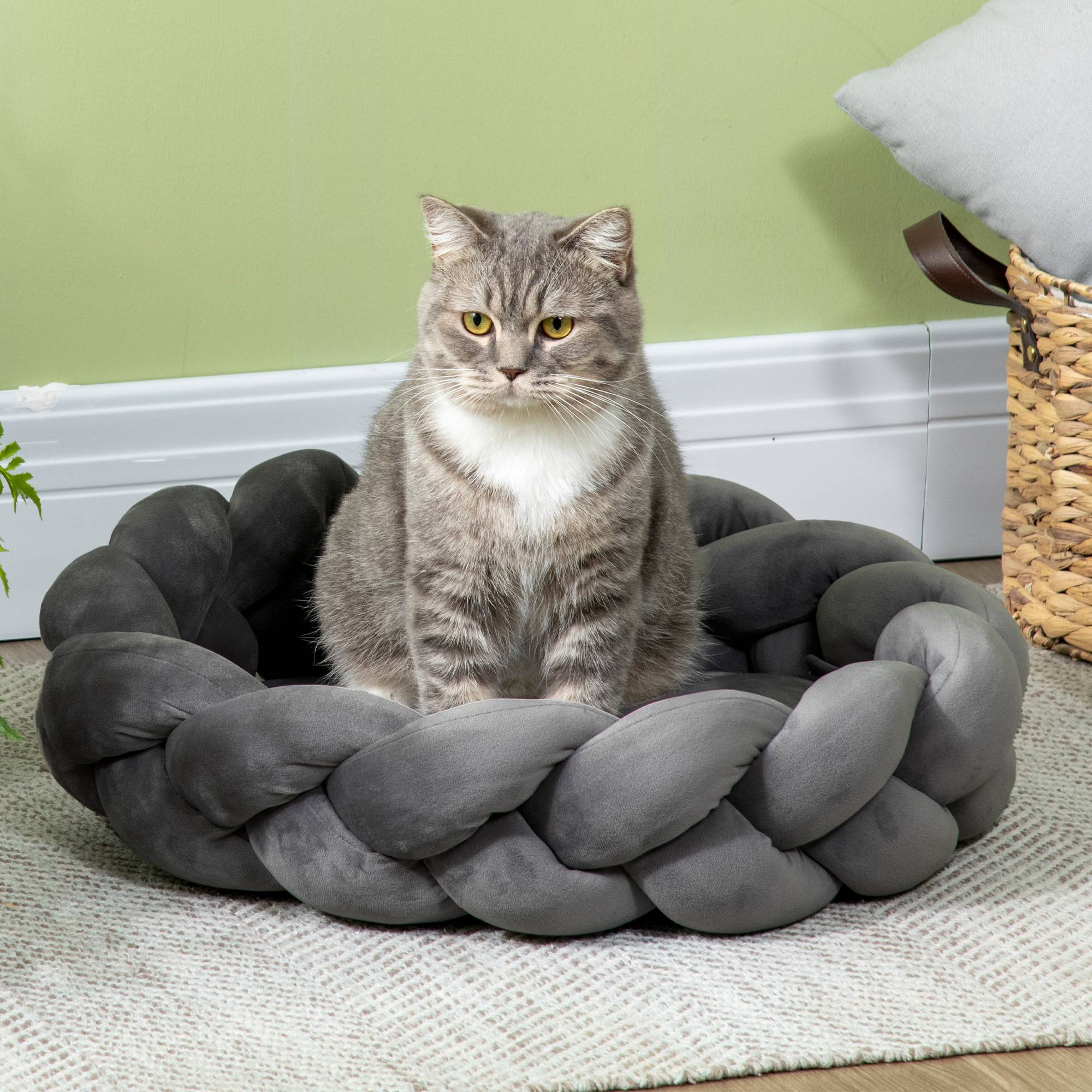 Panier pour Petit Chien et Chat en Corde de Coton Lavable Couchage Rond avec Coussin Amovible Ø55 cm Gris - ComfortXL Outdoor Living - Image 3