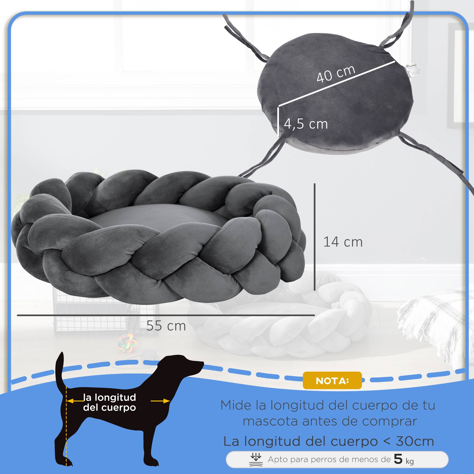 Panier pour Petit Chien et Chat en Corde de Coton Lavable Couchage Rond avec Coussin Amovible Ø55 cm Gris - ComfortXL Outdoor Living - Image 5