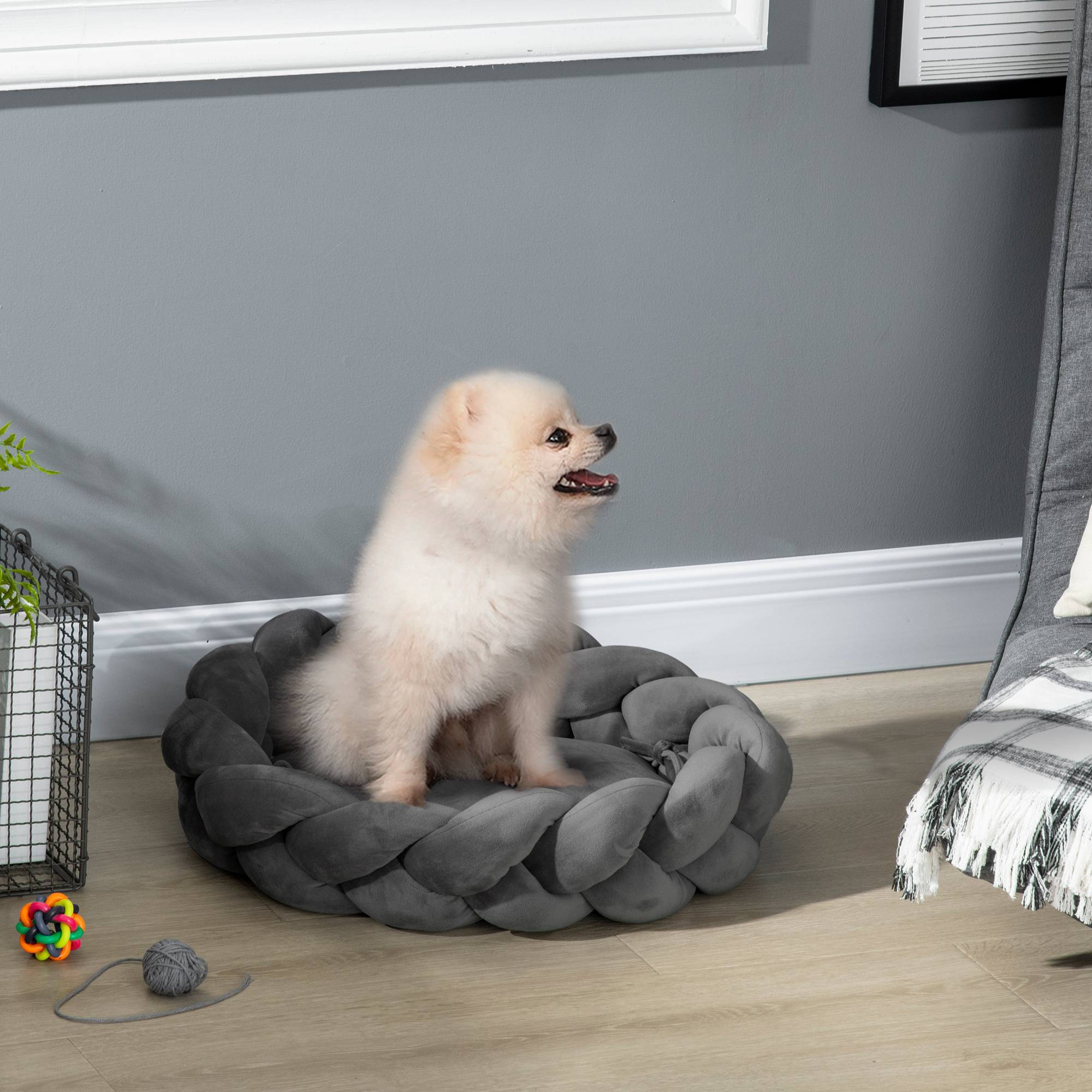 Panier pour Petit Chien et Chat en Corde de Coton Lavable Couchage Rond avec Coussin Amovible Ø55 cm Gris - ComfortXL Outdoor Living - Image 4