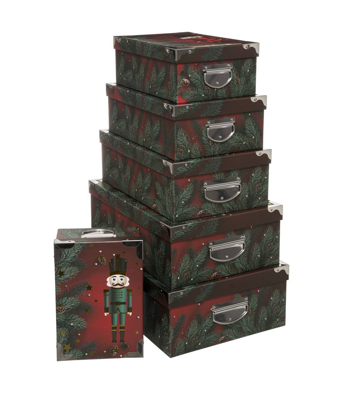 Fééric Lights & Christmas - Lot de 6 Boîtes de rangement avec poignées et coins en métal motif Casse Noisette