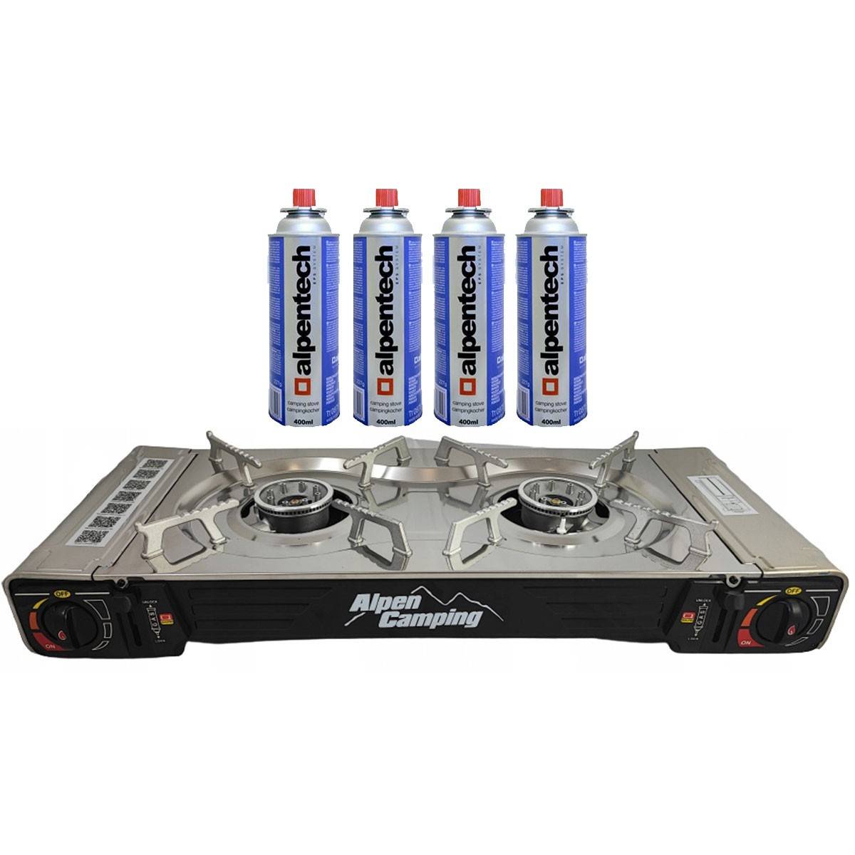 Réchaud à gaz 2 feux 4400W  INOX + Cartouches de gaz ALPEN Camping - Imagen 1