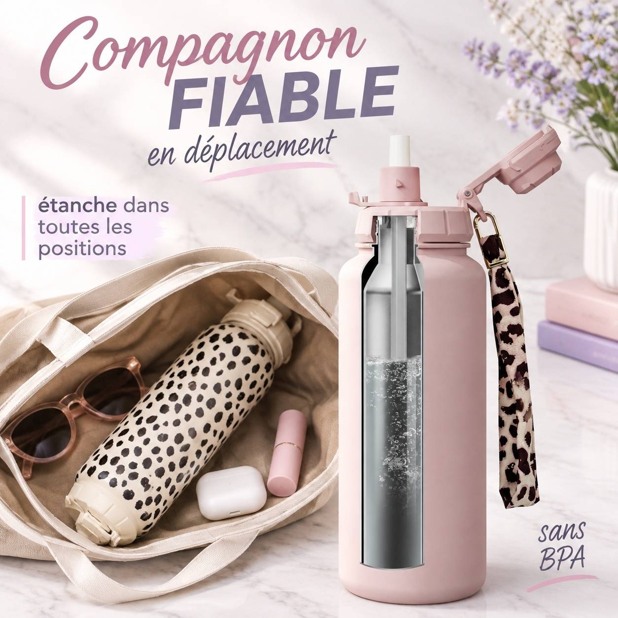 Bouteille Isotherme Acier Inoxydable 1L Isolation 24h Chaud 12h Avec Paille Et Sangle Amovible - Image 3