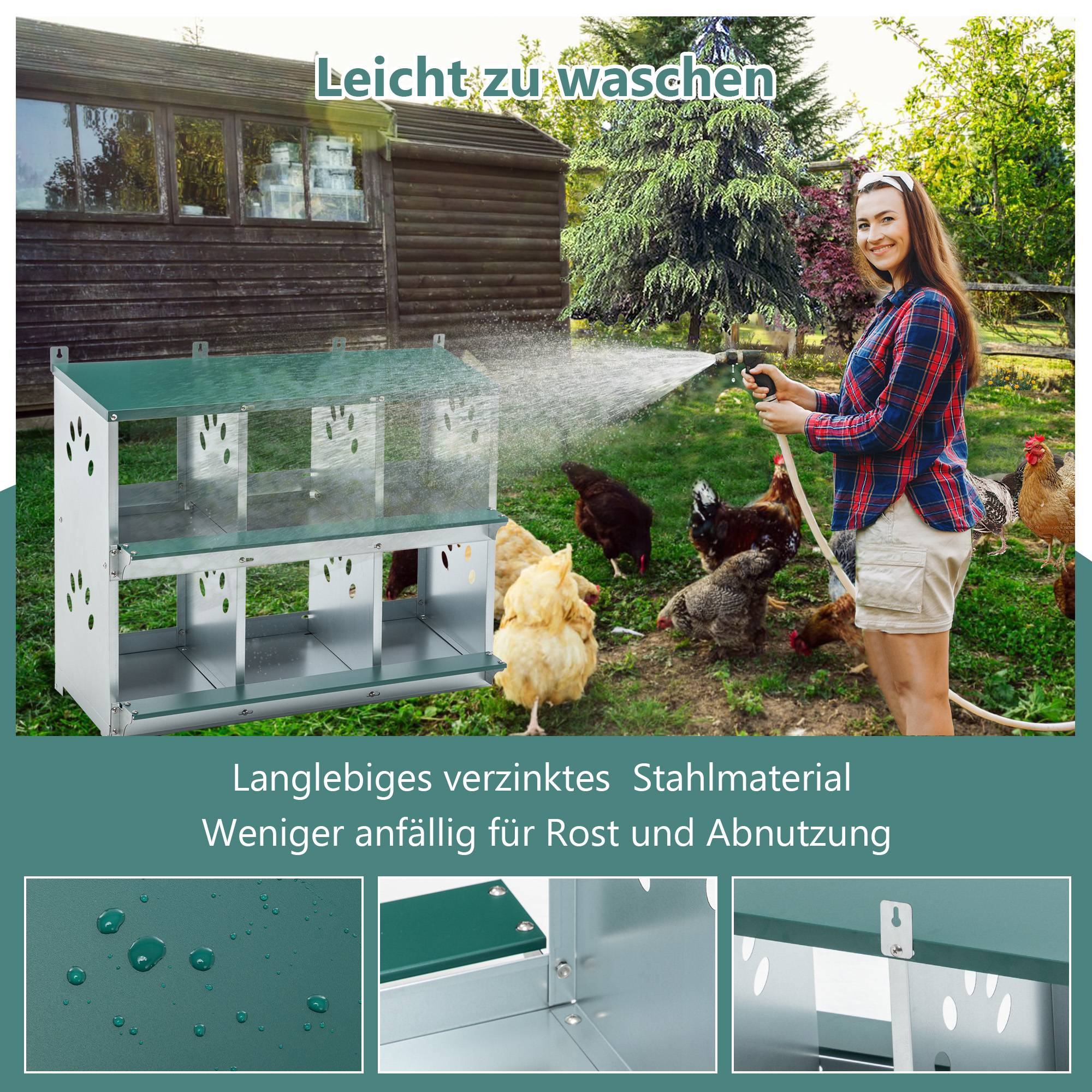 Pondoir poule 6 compartiments acier pour poulailler ramassage facile 81x41x67cm vert - ComfortXL Outdoor Living - Image 5