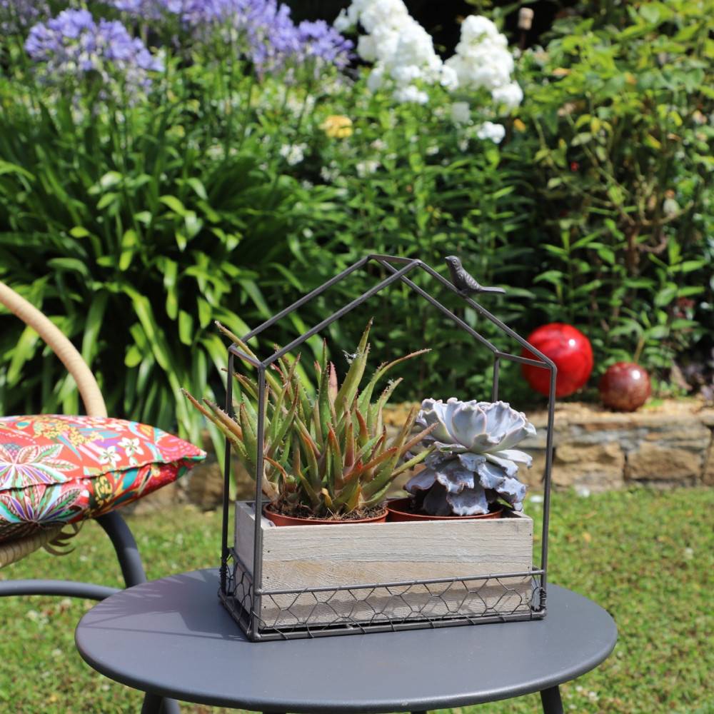 Jardinière extérieure pot fleurs jardin bois métal marron 25x14x30cm Chemin de campagne - Imagen 2