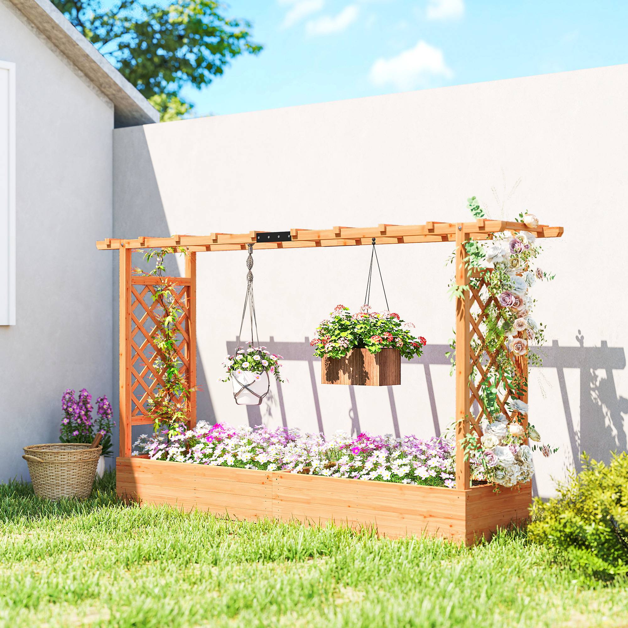 Outsunny - Jardinière surélevée avec treillis latéral et supérieur, trous de drainage - pour plantes grimpantes - bois naturel - Outsunny - Image 4