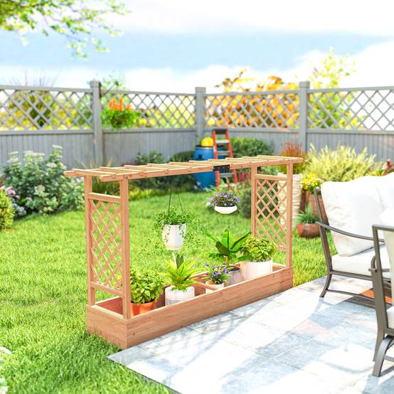 Outsunny - Jardinière surélevée avec treillis latéral et supérieur, trous de drainage - pour plantes grimpantes - bois naturel - Outsunny - Image 7