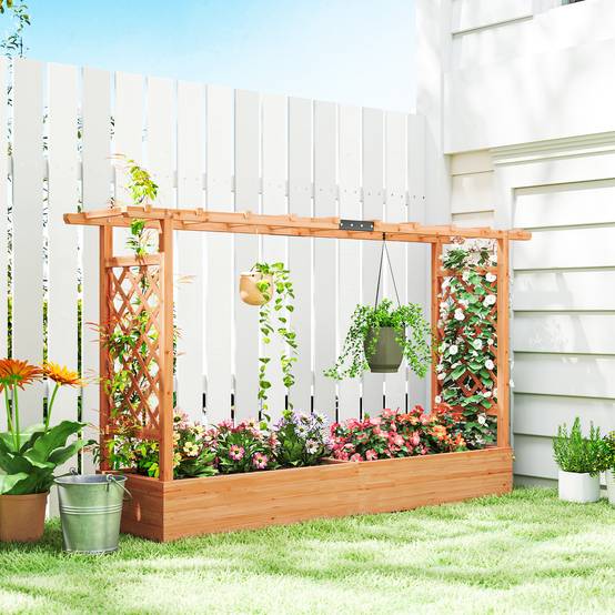 Outsunny - Jardinière surélevée avec treillis latéral et supérieur, trous de drainage - pour plantes grimpantes - bois naturel - Outsunny - Image 2