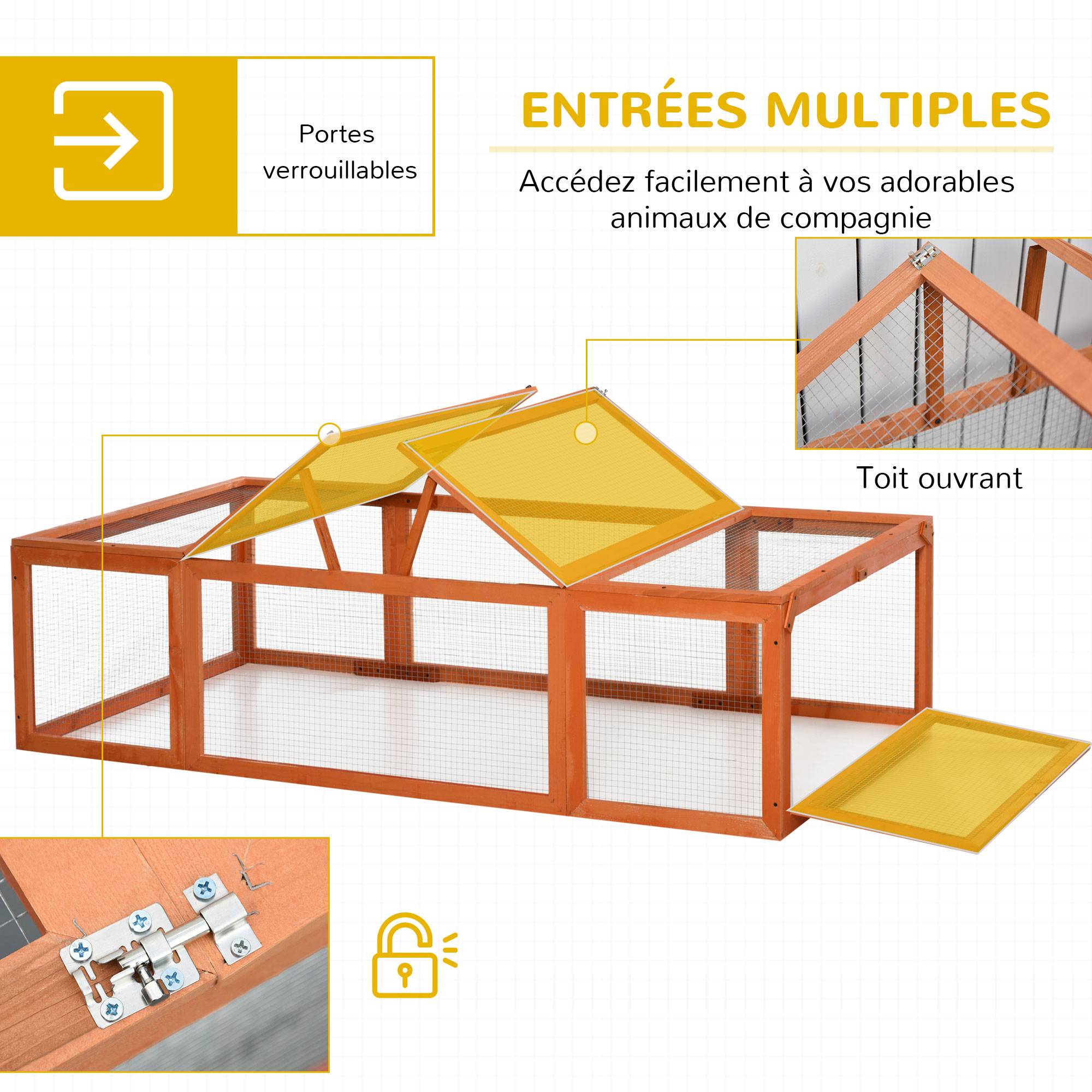 Clapier lapin extérieur cage cochon d'Inde toit ouvrable et portes verrouillables 180 x 90 x 48 cm jaune - Image 7