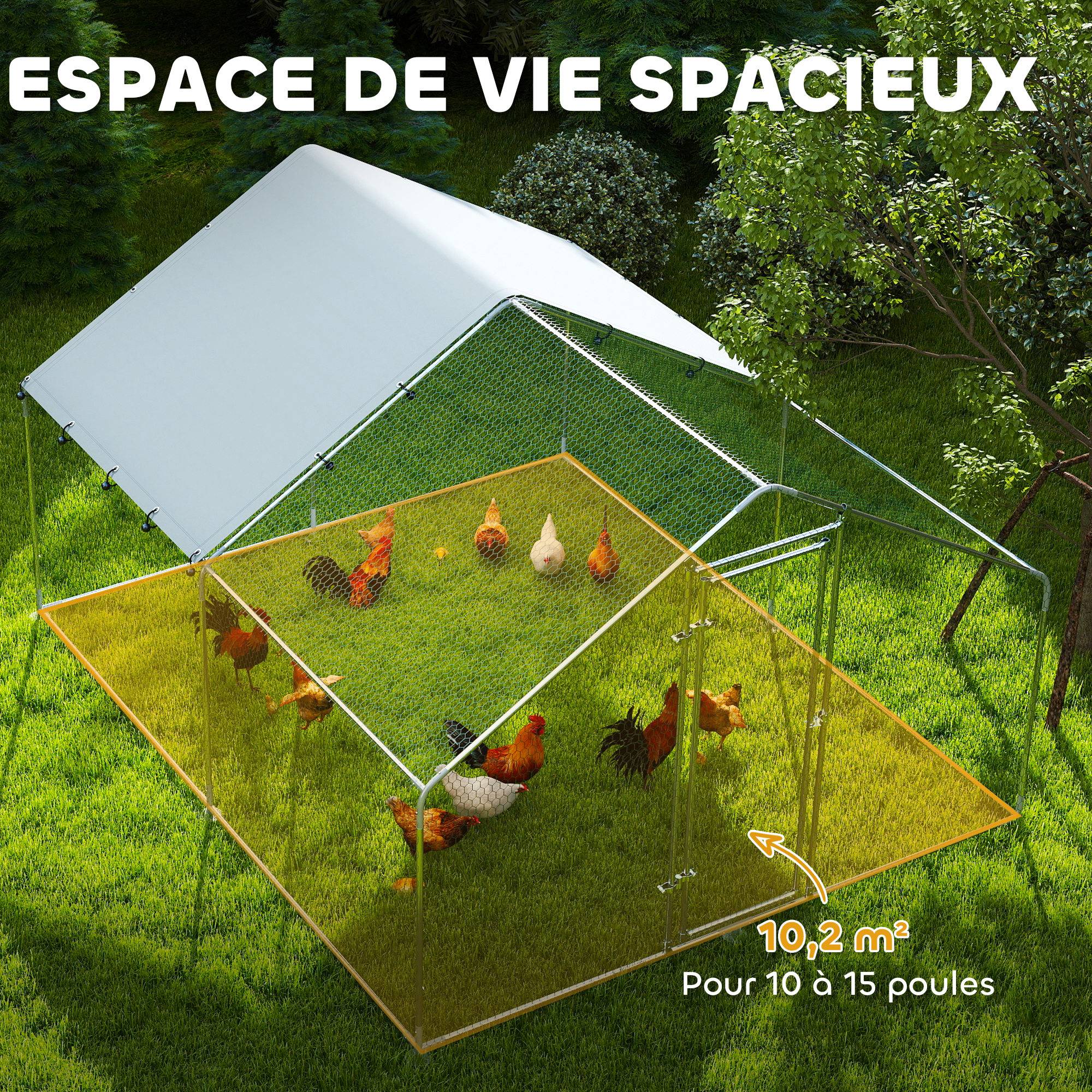Poulailler, grand poulailler en métal avec couverture imperméable et anti-UV, cage pour 10-15 poules, 3 x 3,4 x 1,9m - Image 6