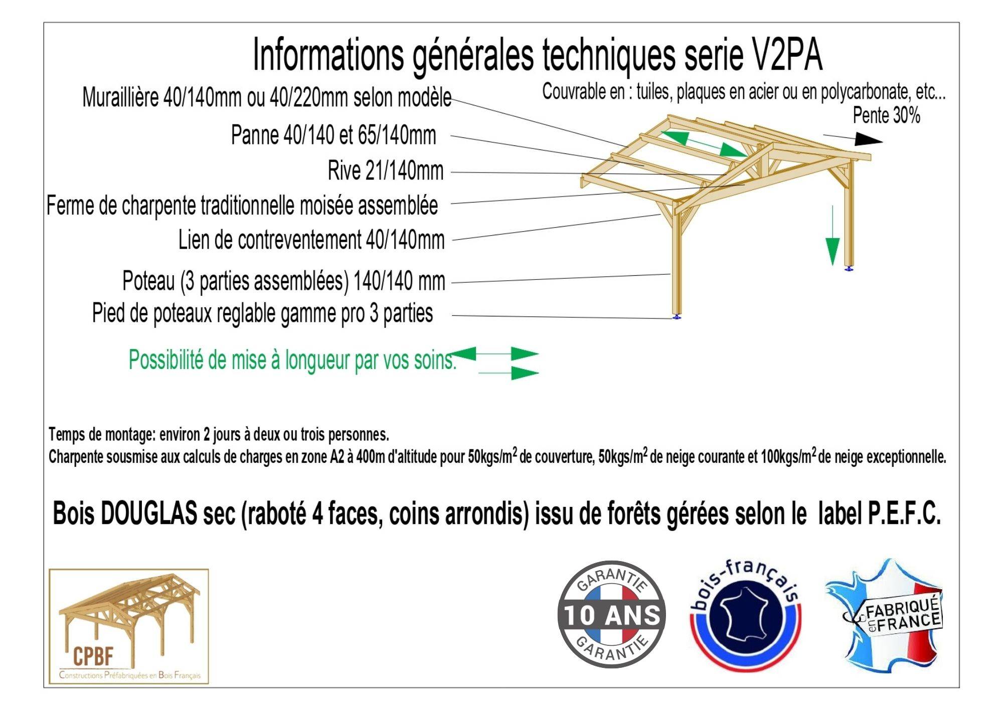 Cpbf Charpentes - Carport Bois Douglas Français 39 m² – 2 pentes adossé – 4 poteaux – Abri voiture extérieur – Garantie 10 ans - Image 4