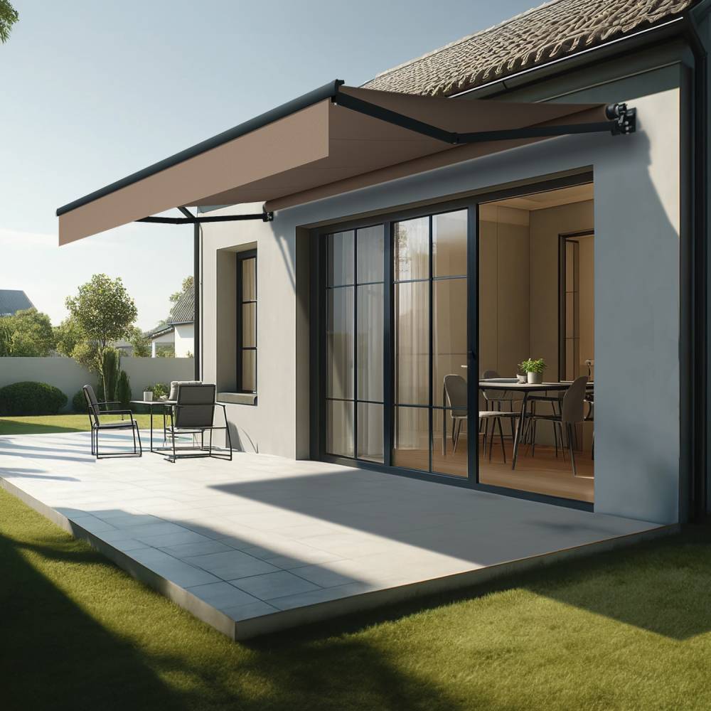 Store banne loggia LOCUS 4,00x2,00m (Motorisé à Télécommande - Taupe - Gris anthracite) - Alia Productions - Imagen 1