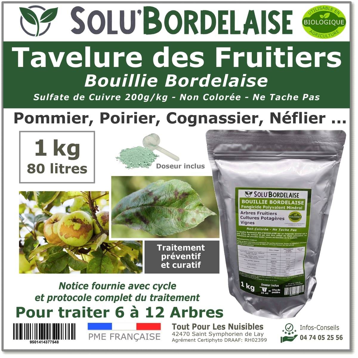 Solu'Bordelaise - Tavelure des Fruitiers - 1 kg de Bouillie Bordelaise Non Colorée -Polyvalent à base de Sulfate de Cuivre 200 g/kg-Doseur inclus - Image 1