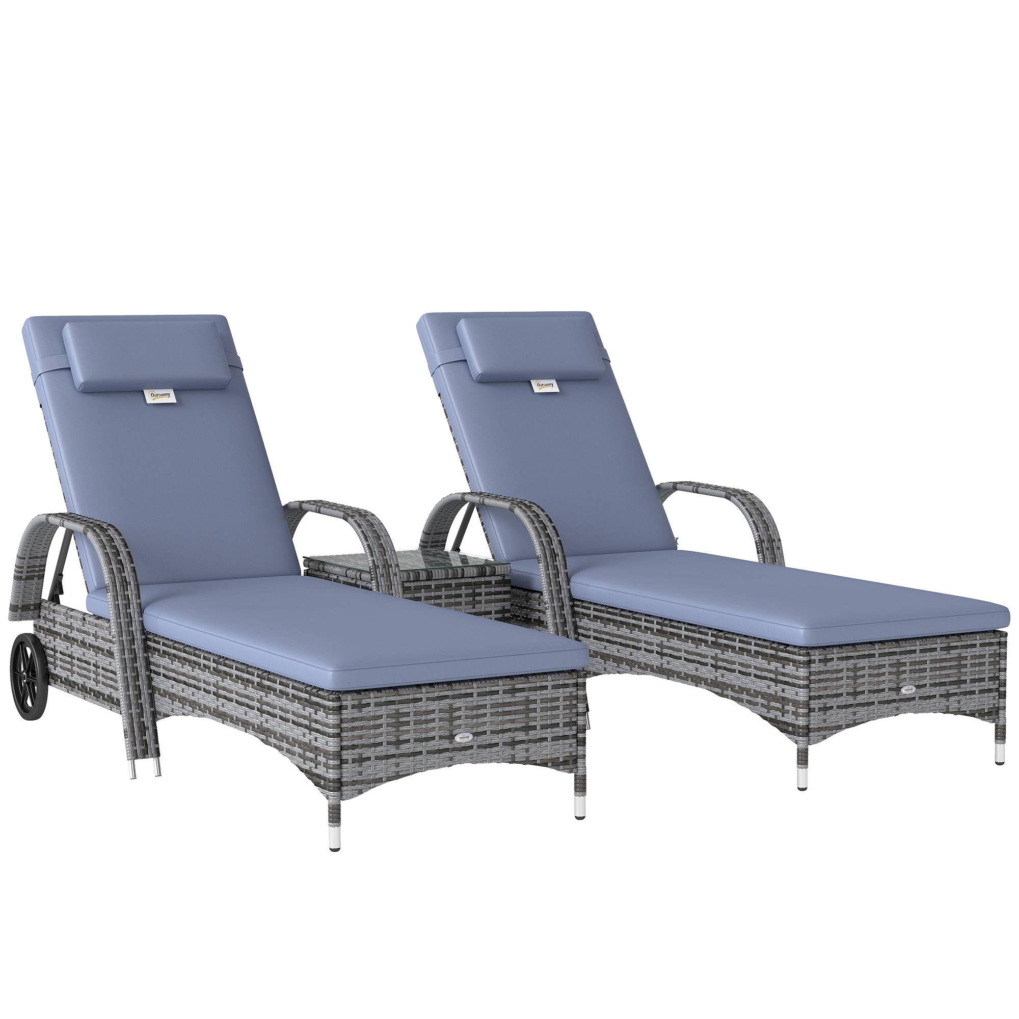 ComfortXL - Lot 2 bains de soleil en résine tressée grise métal avec table pour terrasse dossiers réglables et roulettes - Image 10