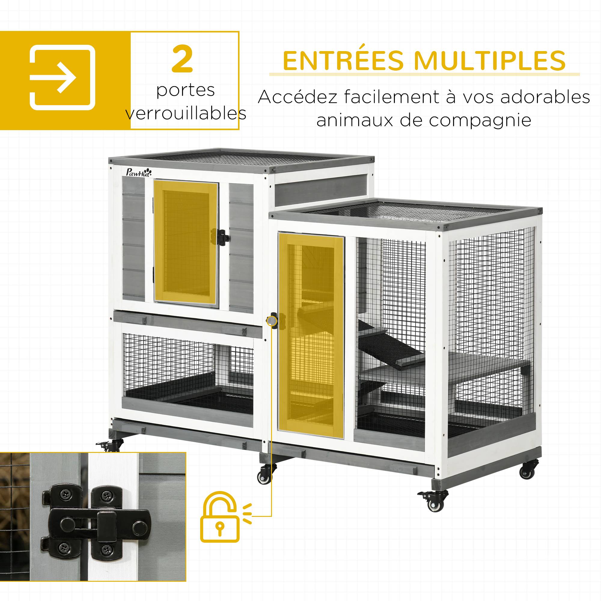 Clapier à lapins bois intérieur design de luxe 3 niveaux sur roulettes gris - ComfortXL Outdoor Living - Image 7