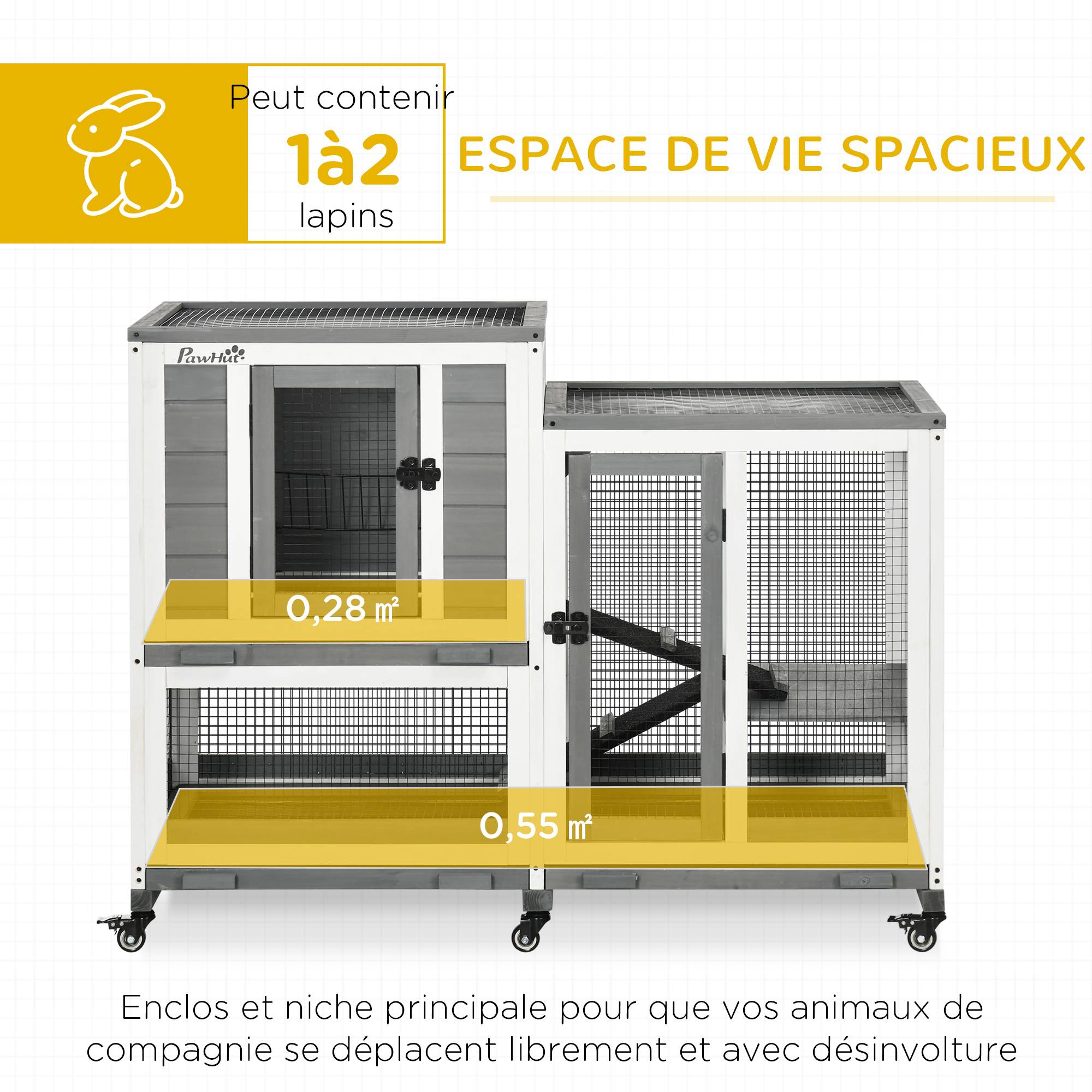 Clapier à lapins bois intérieur design de luxe 3 niveaux sur roulettes gris - ComfortXL Outdoor Living - Image 6