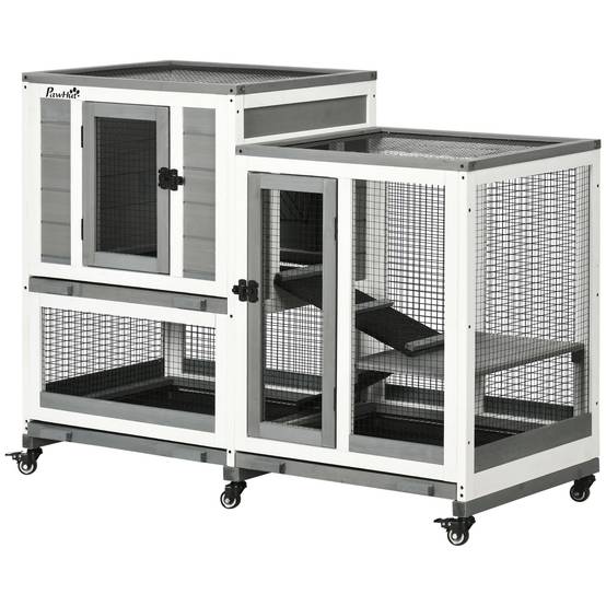 Clapier à lapins bois intérieur design de luxe 3 niveaux sur roulettes gris - ComfortXL Outdoor Living - Image 2