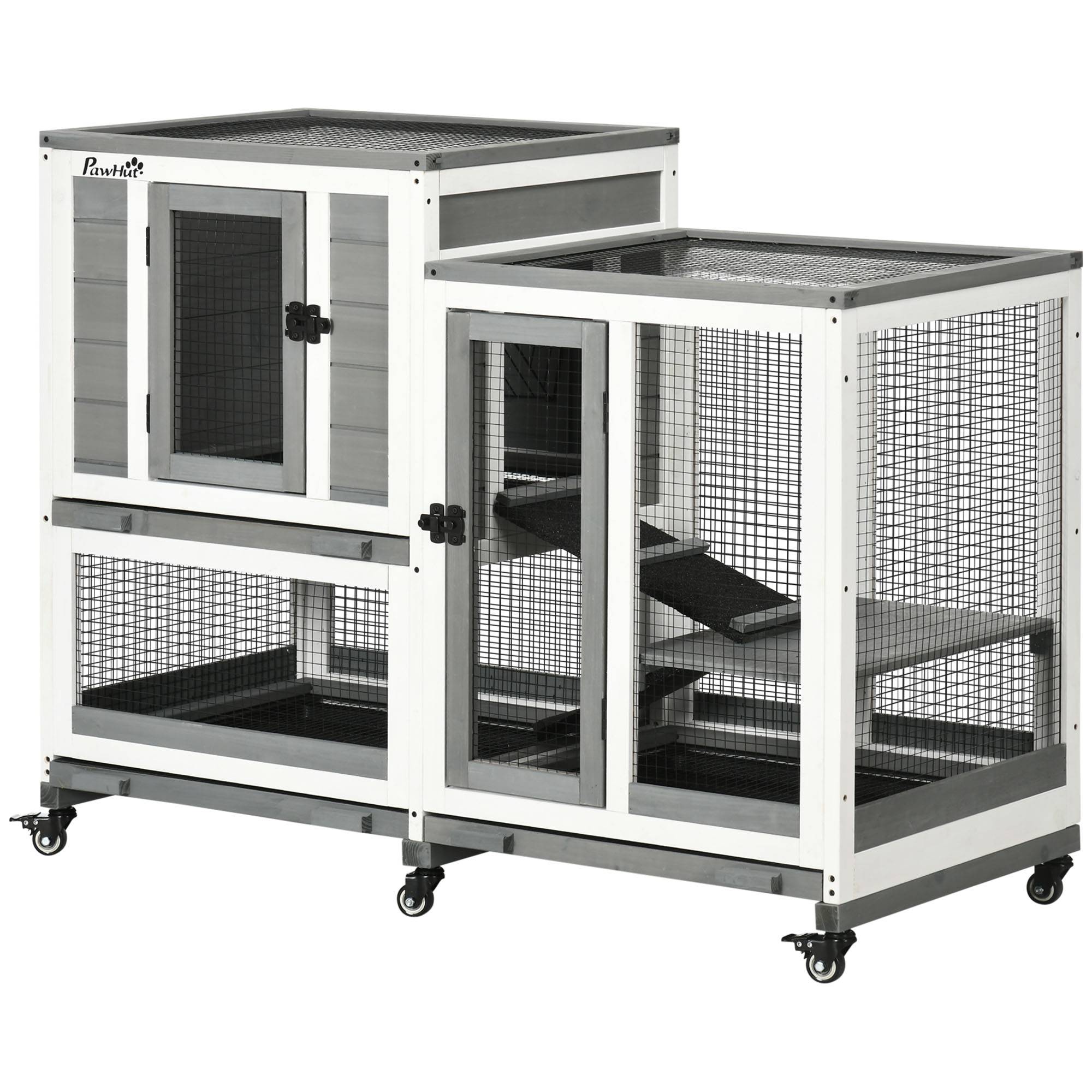 Clapier à lapins bois intérieur design de luxe 3 niveaux sur roulettes gris - ComfortXL Outdoor Living - Image 2
